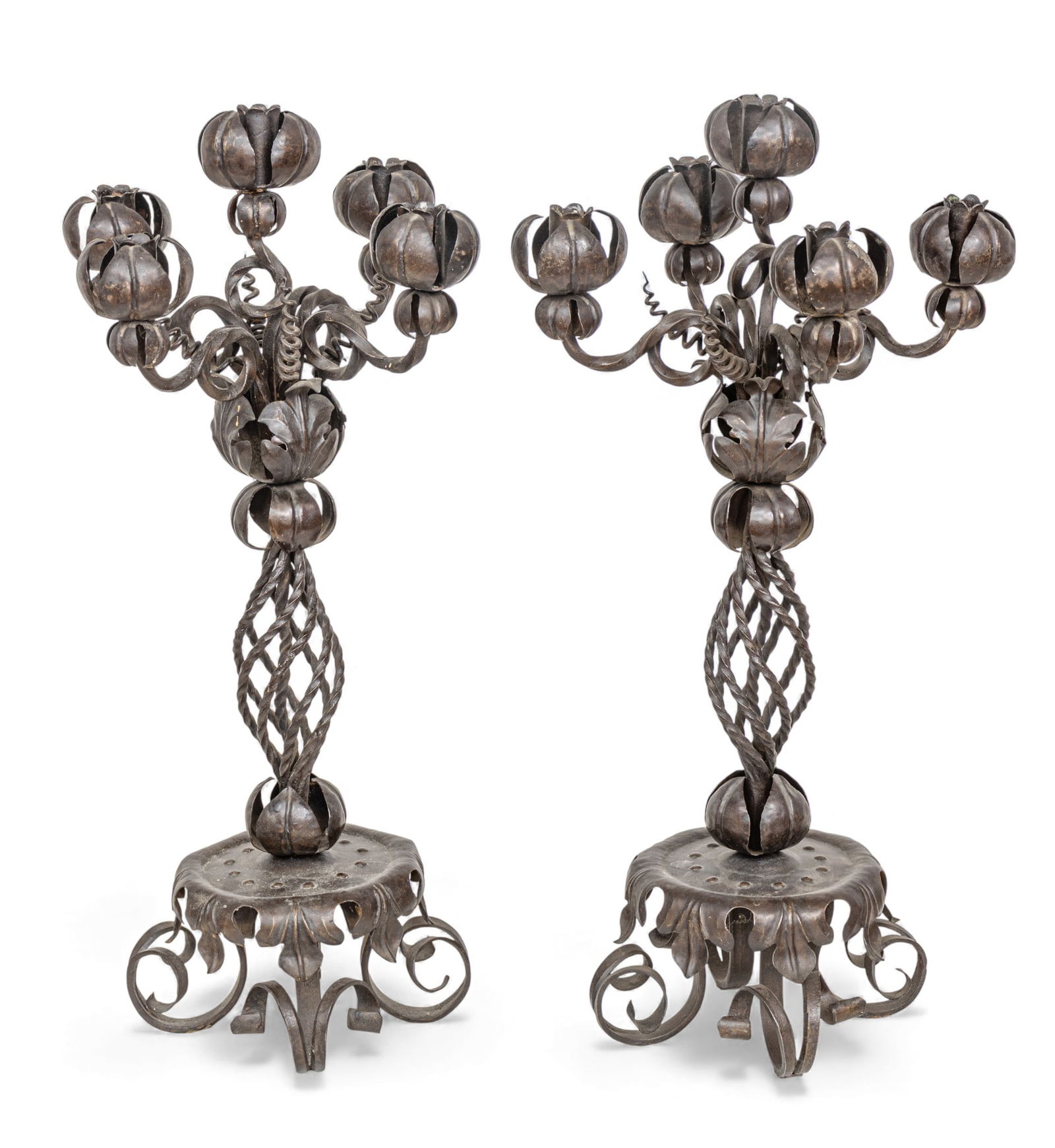 In the Manner of Samuel Yellen Wrought Iron Candelabras, Five Lights 1920, H 25" Dia. 10" 1 PAIR (1 of 6)