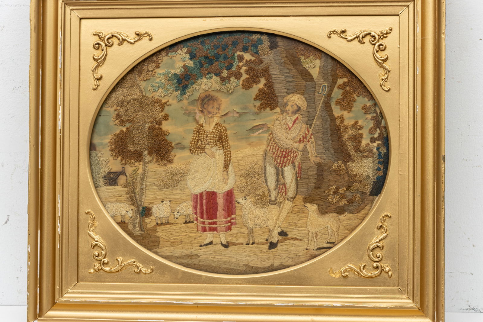 English Embroidery Stump Work on Watercolor on Silk, Ca. 1800-1820, H 13" W 16" Frame Size: H 19" W (1 of 8)