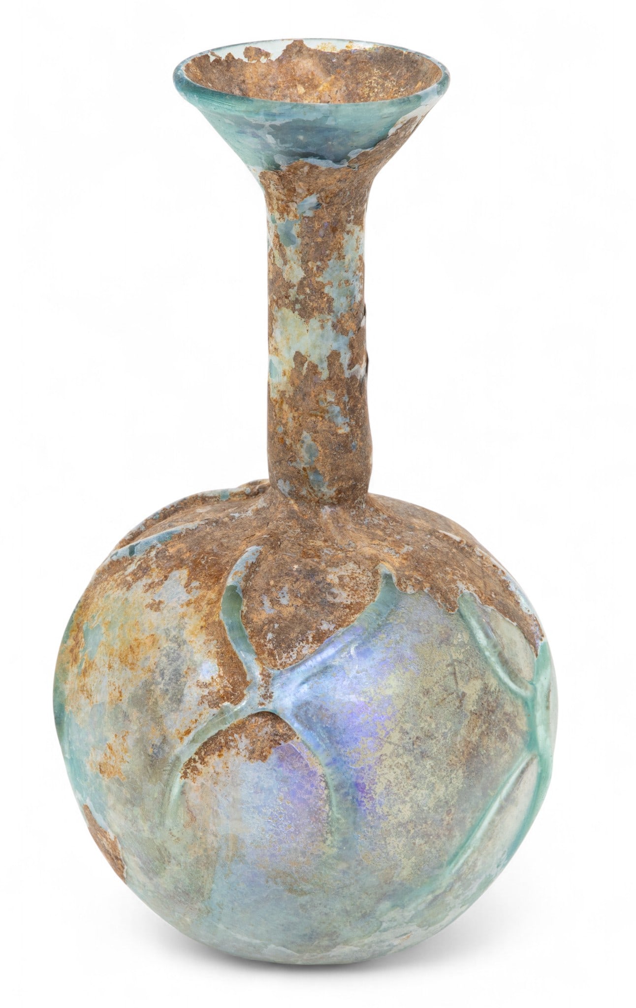 Roman Iridescent Blue Glass Flask H 6" W 3.5": Roman Iridescent Blue Glass Flask H 6" W 3.5" Bulbous base having repetitious "X" form raised design. Cylindrical neck rises to flared lip. Provenance: Property from a Bloomfield Hills, MI esta