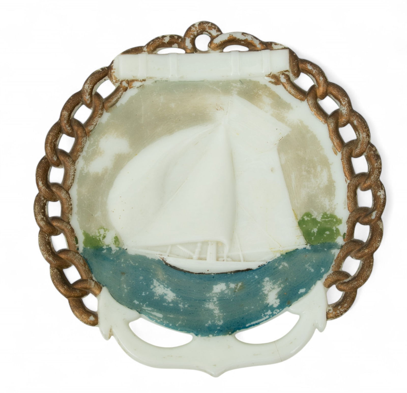 Opaque Glass Sail Boat Anchor 1813, Dia. 7" 1 PC: Opaque Glass Sail Boat Anchor 1813, Dia. 7" 1 PC Ship scene with full sails. Provenance: Property of a Prominent Grosse Pointe, MI Collector Dimensions: Dia 7" 1 PC