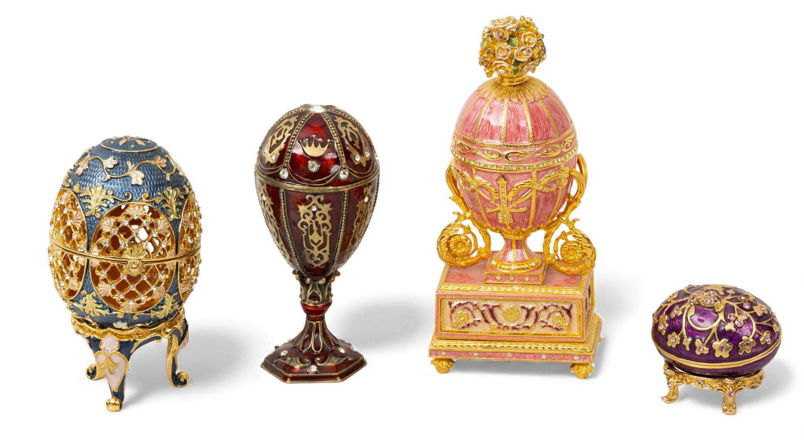 Collection of Four Faberge Style Enamel, Crystal and Gilt Metal Eggs, Late 20th C., 4 PCS (1 of 5)