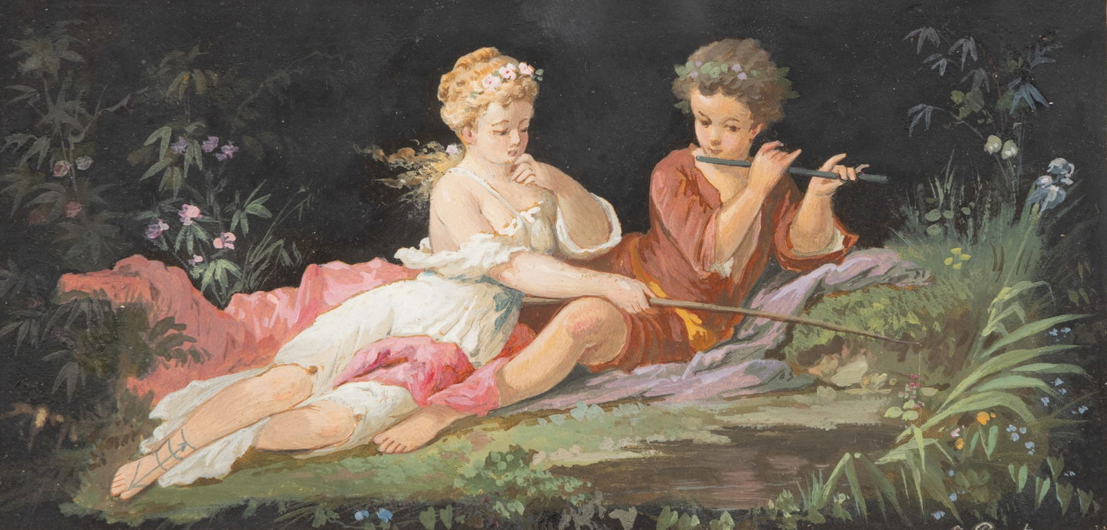 Italian Rococo-inspired Watercolor and Gouache on Paper 1910-1920, 'Garden Serenade', H 4.5'' W (1 of 3)