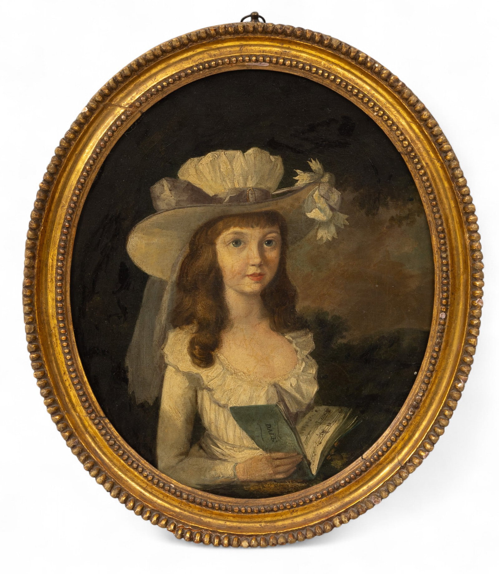 English Oil on Canvas, Early 19th Century, 'Portrait of a Woman in a Hat Holding a Music Book', H: English Oil on Canvas, Early 19th Century, 'Portrait of a Woman in a Hat Holding a Music Book', H 13" W 11" Frame Size: H 16" W 14.25" Unsigned. Half length portrait of a young girl wearing a white dr