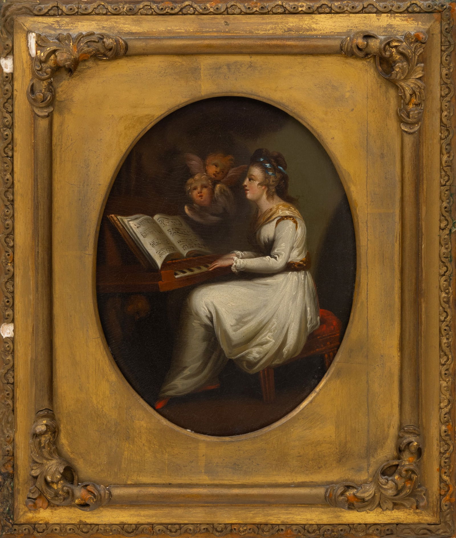 After Sir Joshua Reynolds (English, 1723-1792) Oil on Wood Panel 19th C., 'Mrs. Sheridan As Saint: After Sir Joshua Reynolds (English, 1723-1792) Oil on Wood Panel 19th C., 'Mrs. Sheridan As Saint Cecilia', H 8" W 6" Frame Size: H 12" W 10" A faithful oval copy of the portrait of Elizabeth Linley,