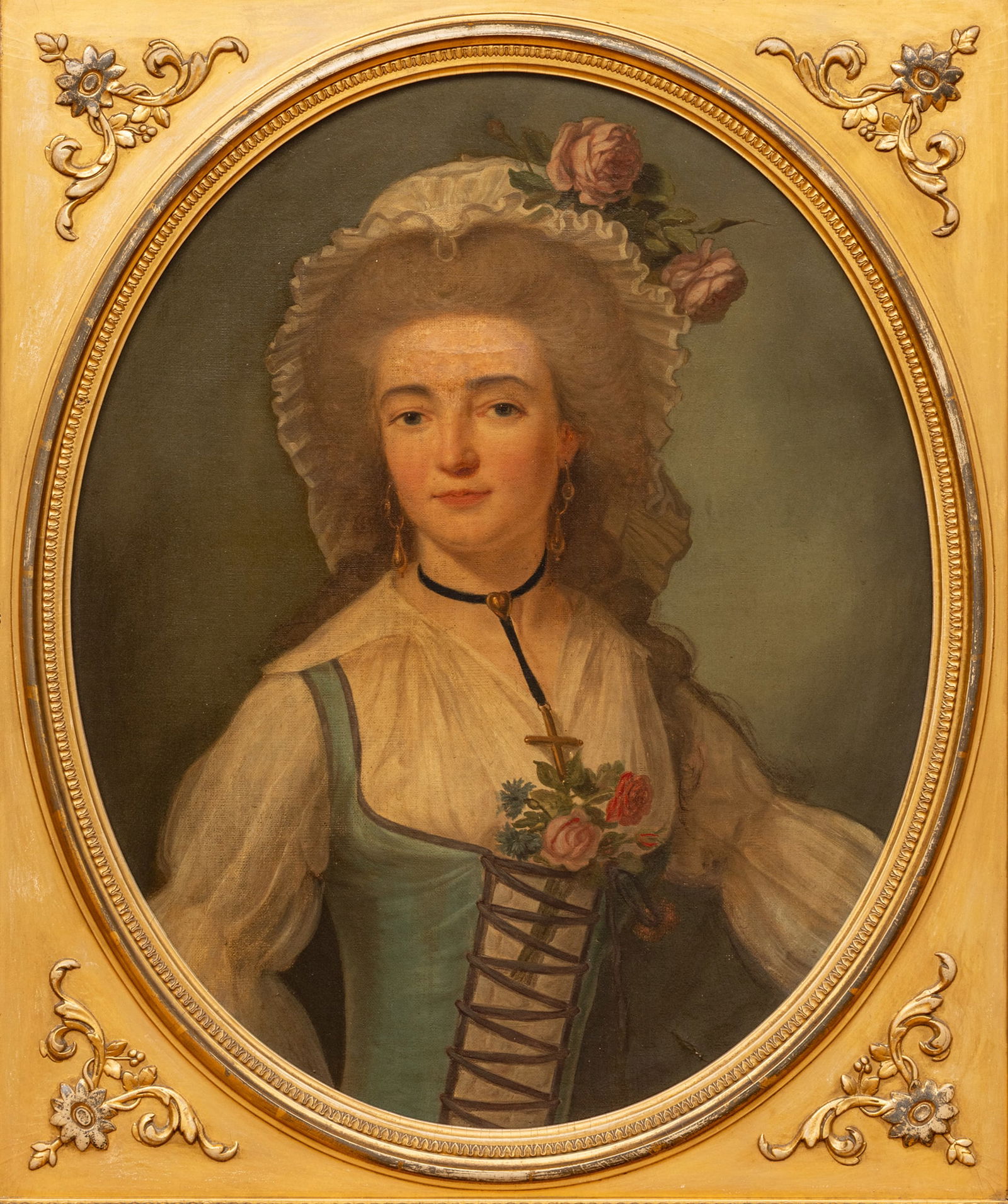 Oil on Canvas, Ca. Late 18th Century, 'Portrait of a Woman Wearing a Cross Necklace', H 14.5" W 12" (1 of 8)