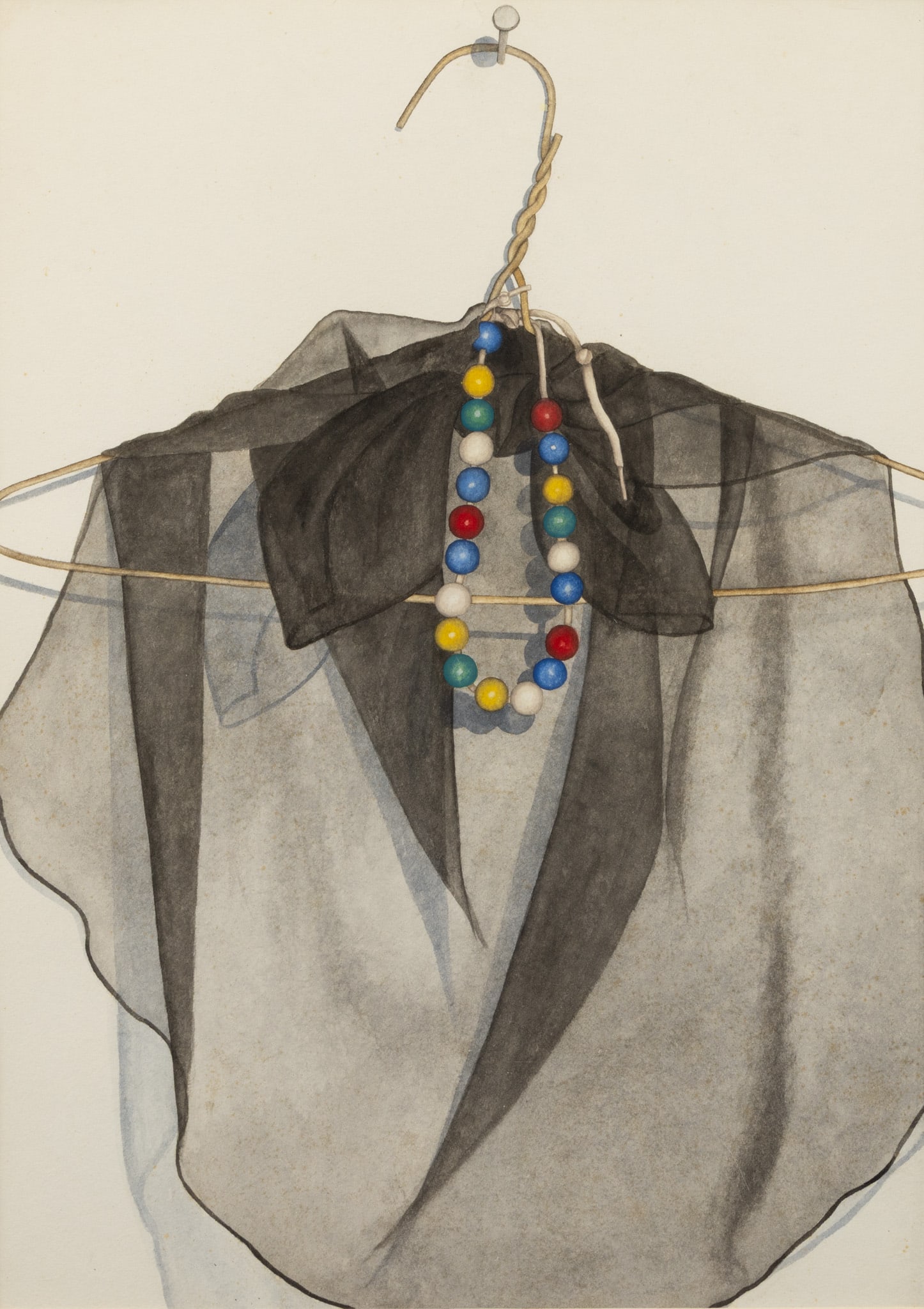 American Watercolor on Paper, Late 20th C., 'Trompe L'oeil Still Life', H 28" W 20" Frame Size: H: American Watercolor on Paper, Late 20th C., 'Trompe L'oeil Still Life', H 28" W 20" Frame Size: H 40.25" W 28.5" Unsigned. Still life of black lace and beads on a wire coat hanger. Matted and framed u