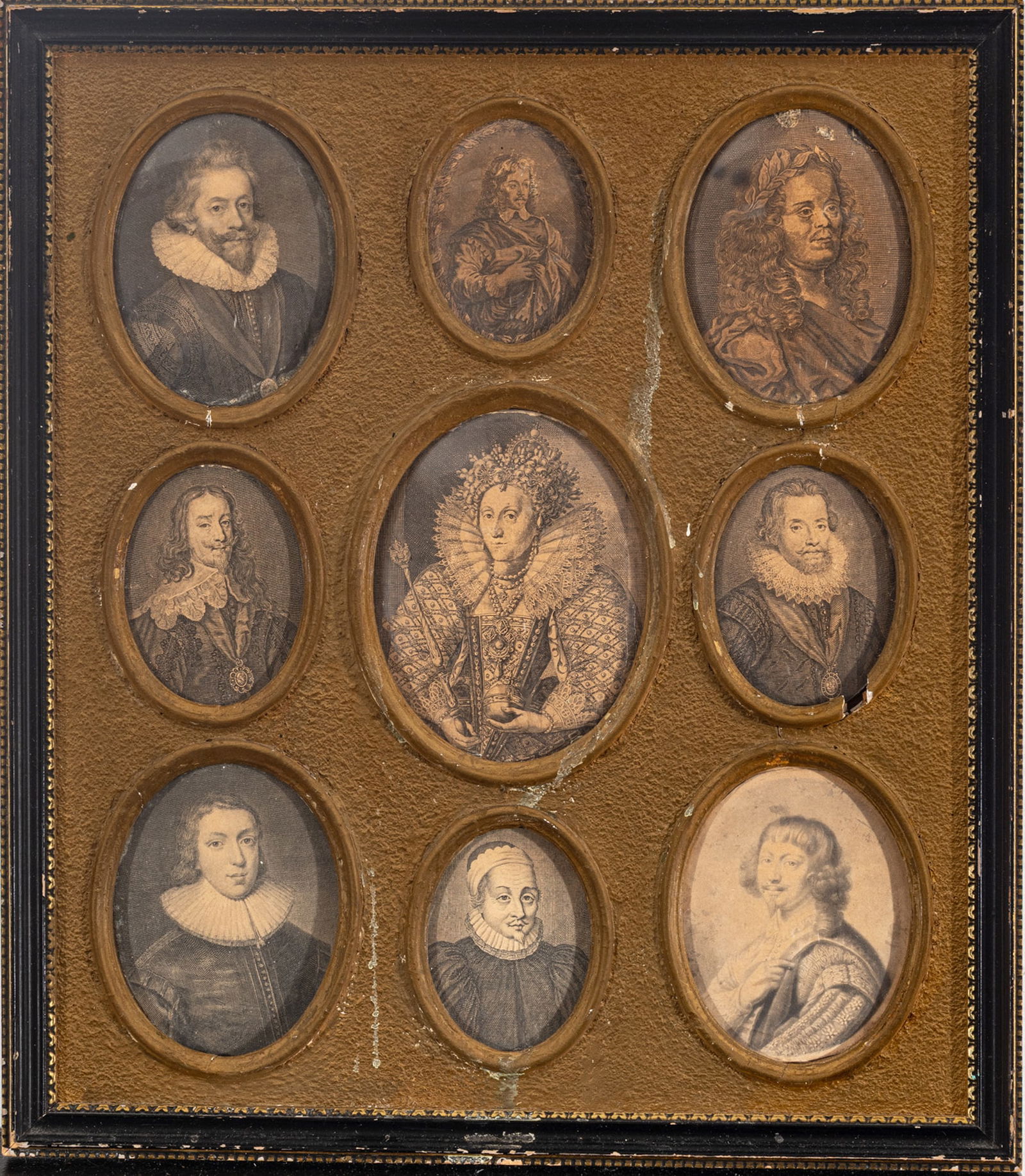 Assemblage of Engravings Depicting English Monarchs and Nobility in a Lacquered and Giltwood Frame, (1 of 6)