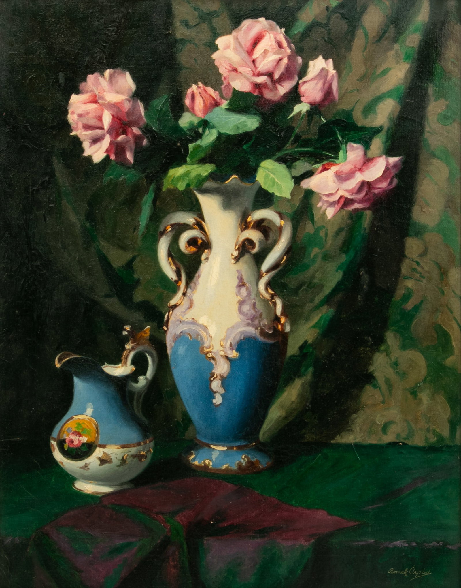 Romek Arpad, (Hungary, 1883-1960) Oil on Canvas Still Life of Roses 1950, H 30" W 24" Frame Size: H: Romek Arpad, (Hungary, 1883-1960) Oil on Canvas Still Life of Roses 1950, H 30" W 24" Frame Size: H 40" W 34" Signed lower right. Gesso frame with velvet liner. Studied at the Academy of Fine Art
