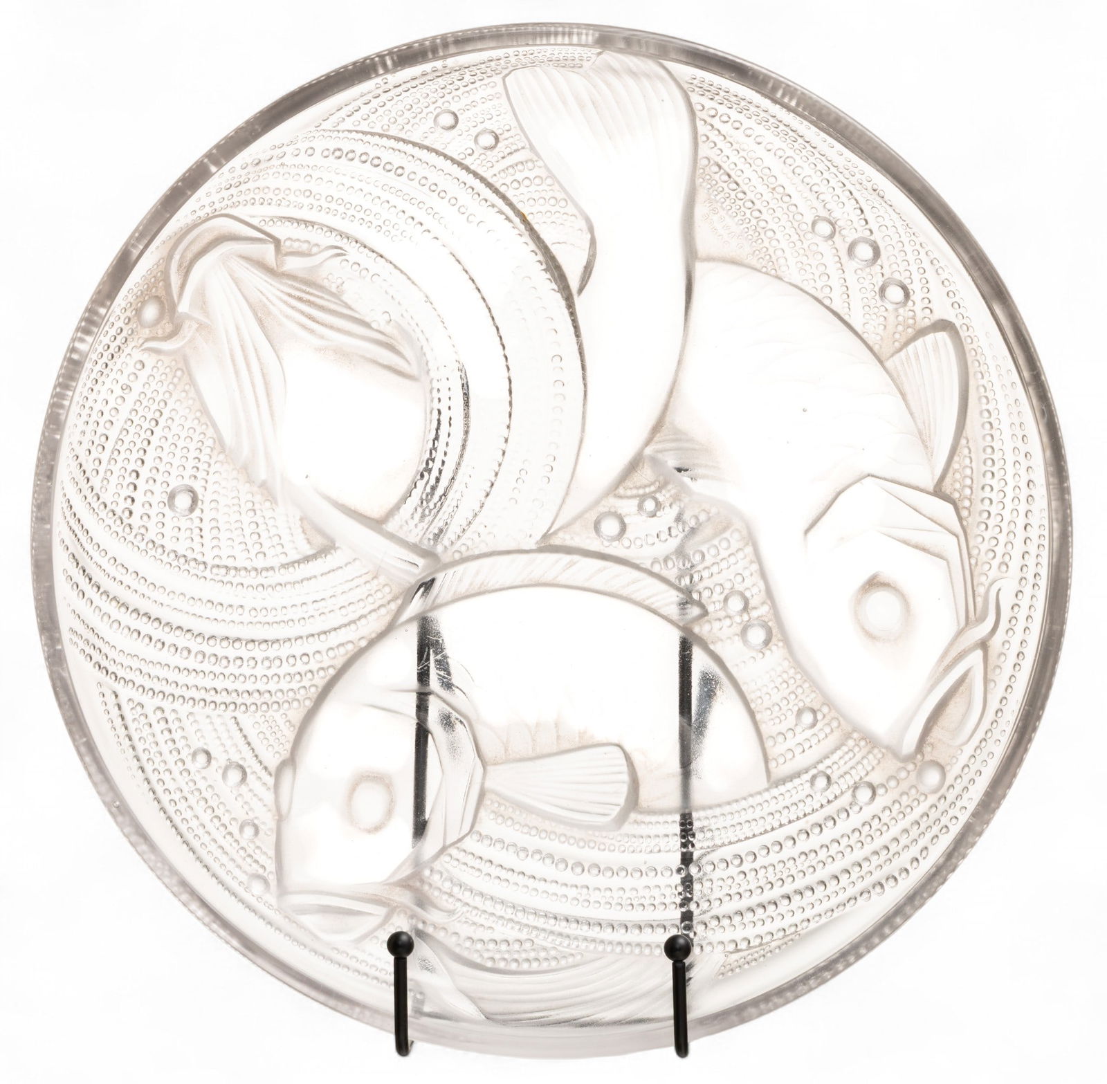 Pierre D'Avesn (French, 1901-1984) Molded Glass Fish Charger H 2.25" Dia. 11.75": Pierre D'Avesn (French, 1901-1984) Molded Glass Fish Charger H 2.25" Dia. 11.75" Footed, molded glass charger with bubbly, swirling waters and fish design. No apparent marks. Provenance: Proper