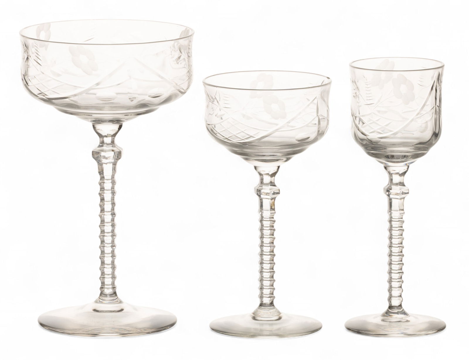 Crystal Champagne Stems (12) Liquors (10) 1930, 24 PCS (1 of 2)