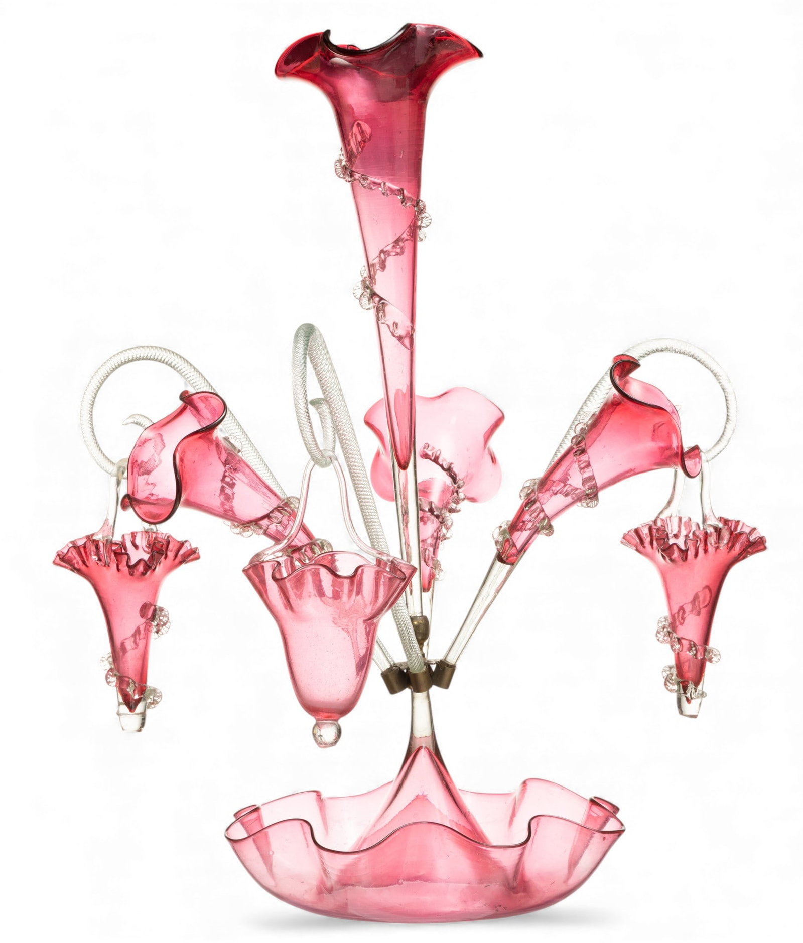 Victorian Cranberry Art Glass Epergne 19th Cen., H 23.5" Dia. 15": Victorian Cranberry Art Glass Epergne 19th Cen., H 23.5" Dia. 15" Cranberry to clear trumpets with alternating scrolls and baskets. Mounted with metal fittings. Dimensions: H 23.5" Dia 15"