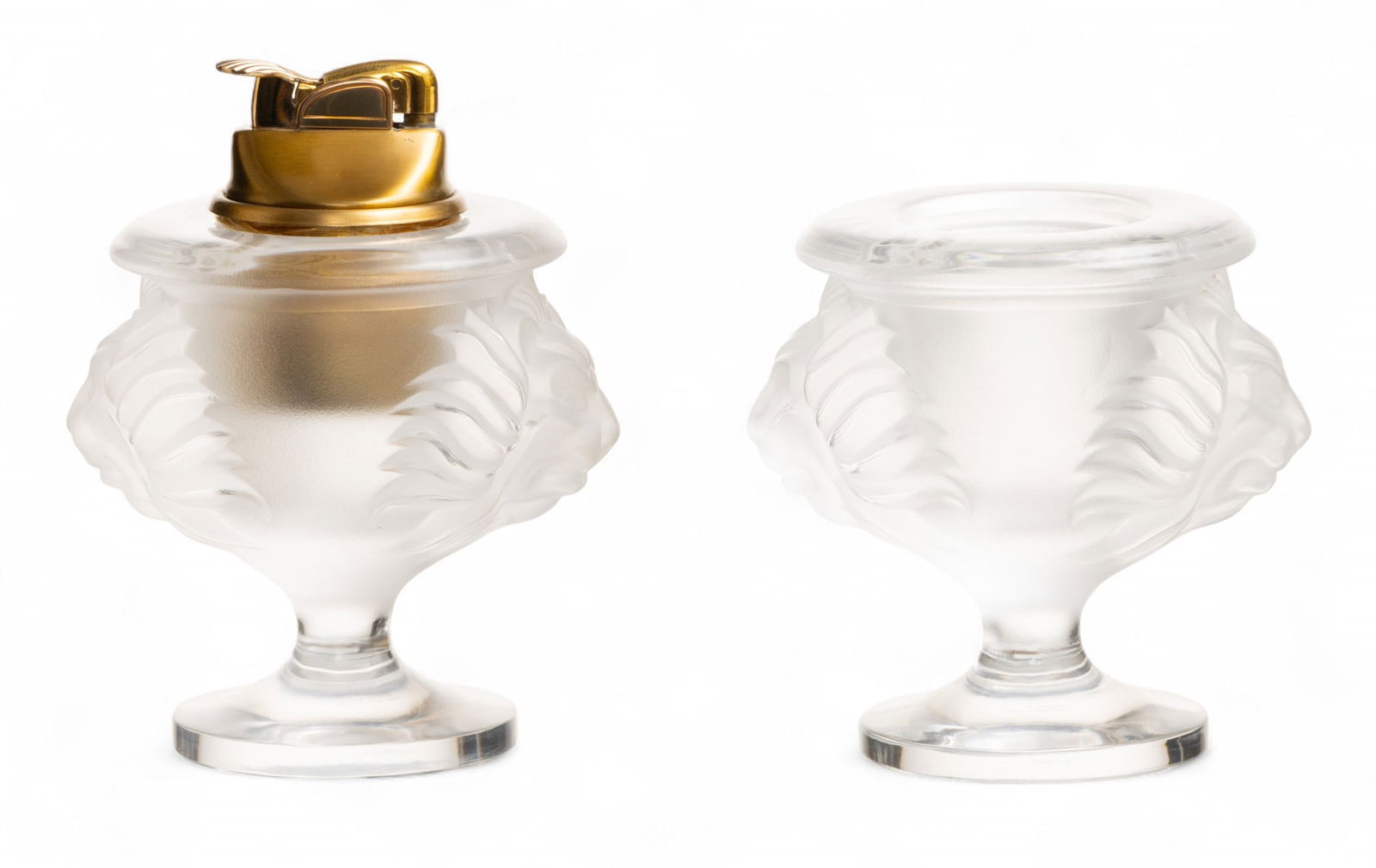 Lalique (French) Frosted Crystal Smoking Set 'Tete De Lion', H 5" Dia. 3.5" 2 PCS (1 of 5)
