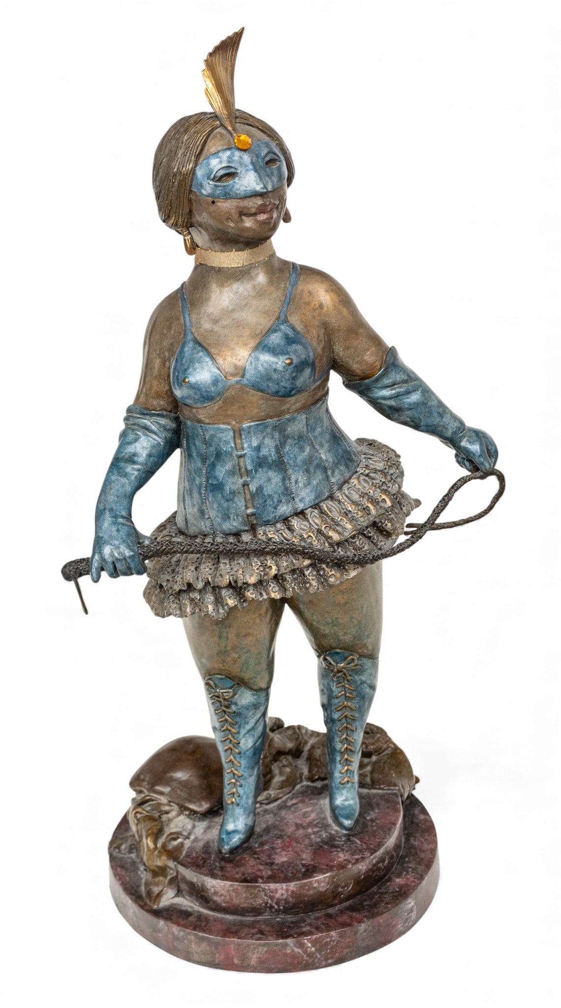 Charles Bragg (American, B. 1931) Cold Painted Bronze Sculpture 1989, 'by Appointment Only', H 16": Charles Bragg (American, B. 1931) Cold Painted Bronze Sculpture 1989, 'by Appointment Only', H 16" Satirical bronze Standing polychrome female figure holding a whip. Provenance: Property from the Est