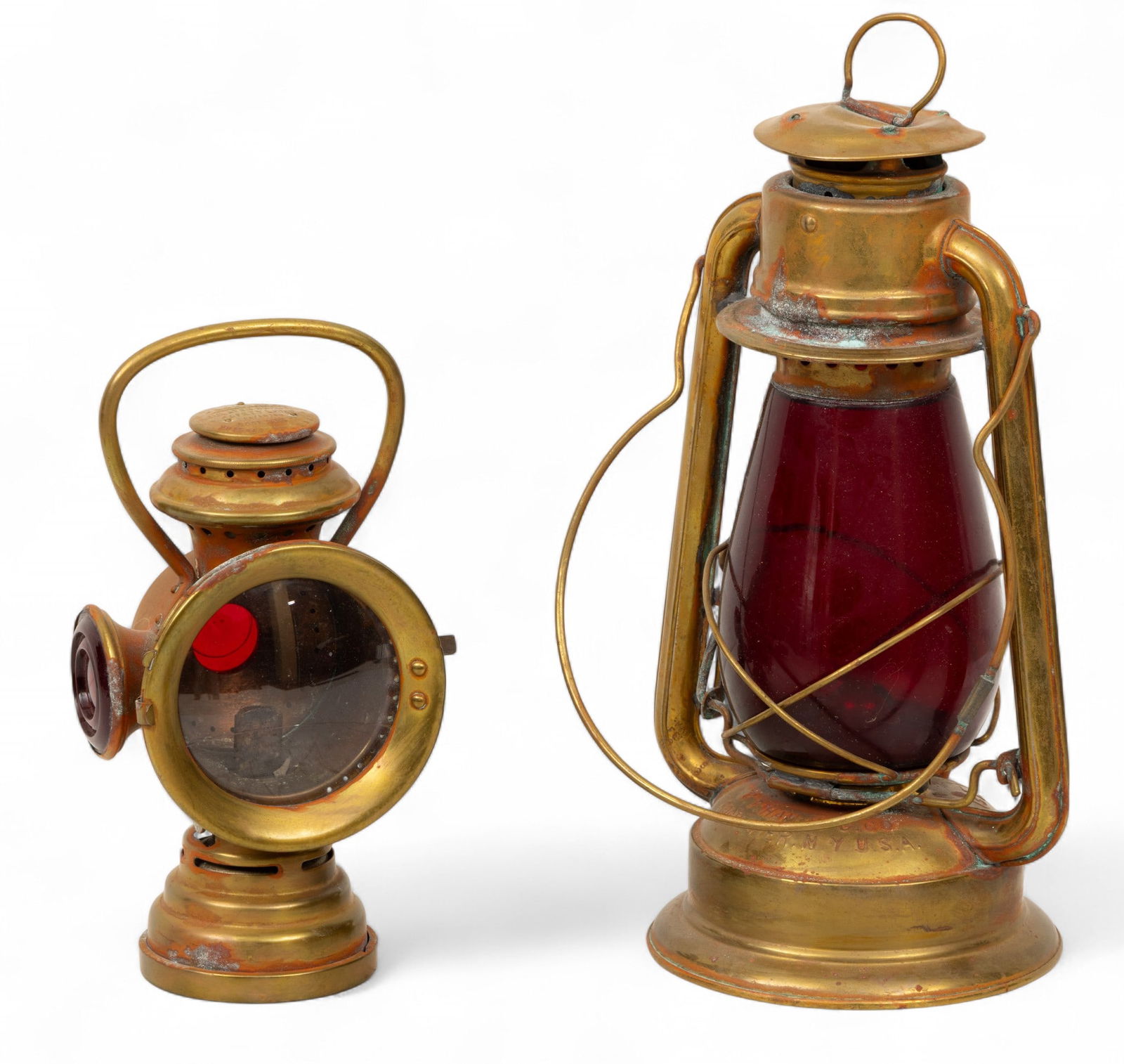 Gem Brass Barn Lantern and Never Out Safety Lamp 1900, 2 PCS: Gem Brass Barn Lantern and Never Out Safety Lamp 1900, 2 PCS Gem "Cold Blast" brass barn lantern H 17" x 7". Also "Never out" Safety lamp by Rose Mfg Co. New York. H10" Provenance: Property of a Bloo
