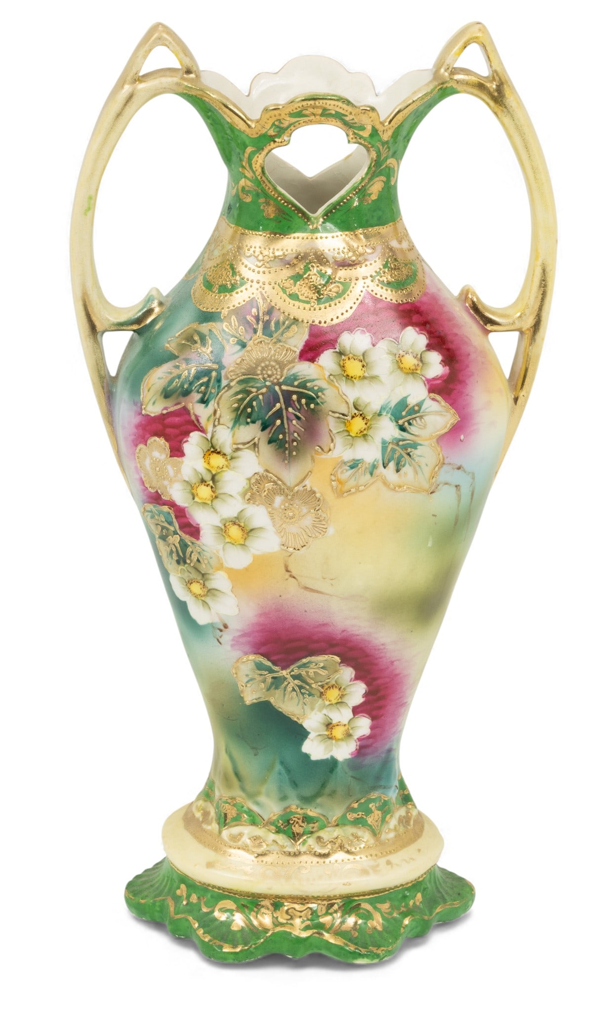 Japanese Hand Painted Pottery Vase with Handles 1900, H 15" (1 of 5)