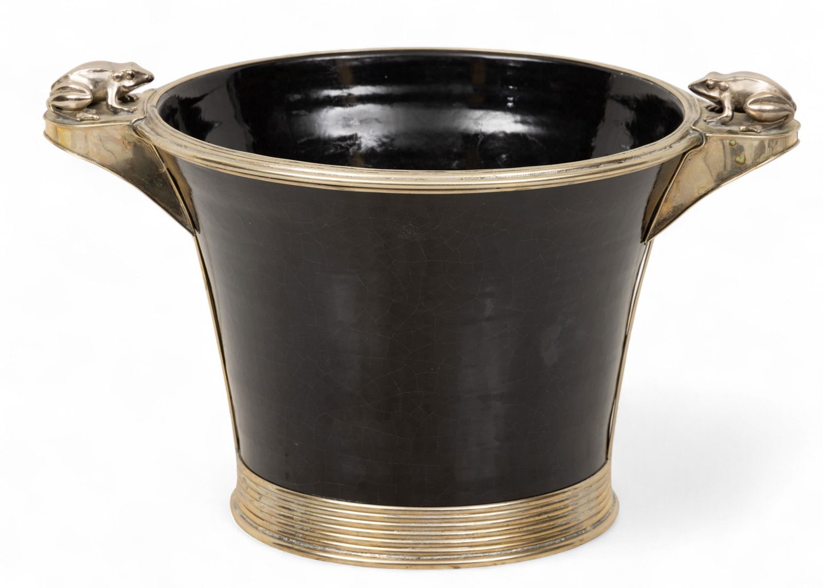Double Frog Handle White Metal and Black Lacquer Ice Bucket H 9" W 10.5" L 14.5": Double Frog Handle White Metal and Black Lacquer Ice Bucket H 9" W 10.5" L 14.5" A metal and lacquer ice bucket with double frog handles. Crackled finish to the lacquer on the interior of ice bu