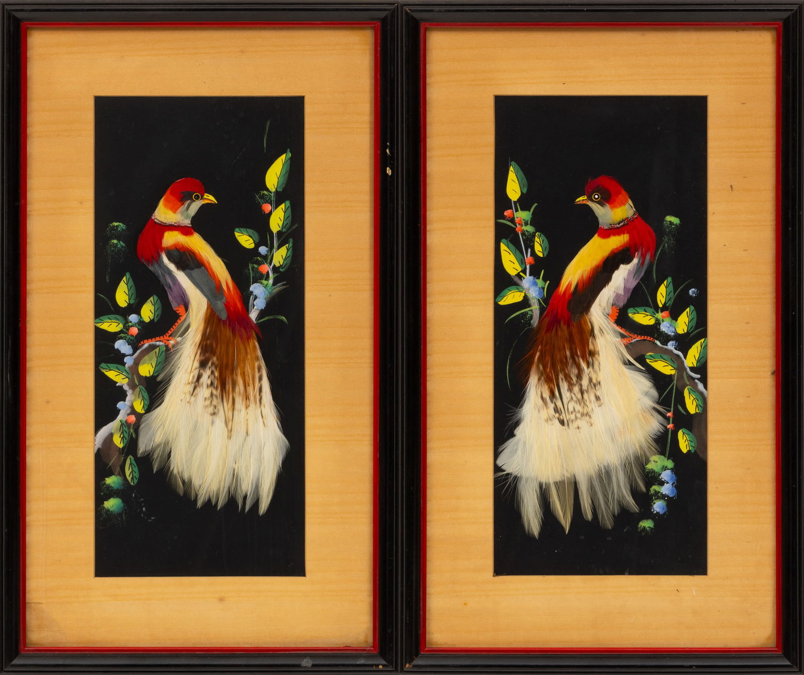 Pair Hand Decorated Framed Bird Panels 1920, H 12" W 5" Frame Size: H 18" W 11" (1 of 7)