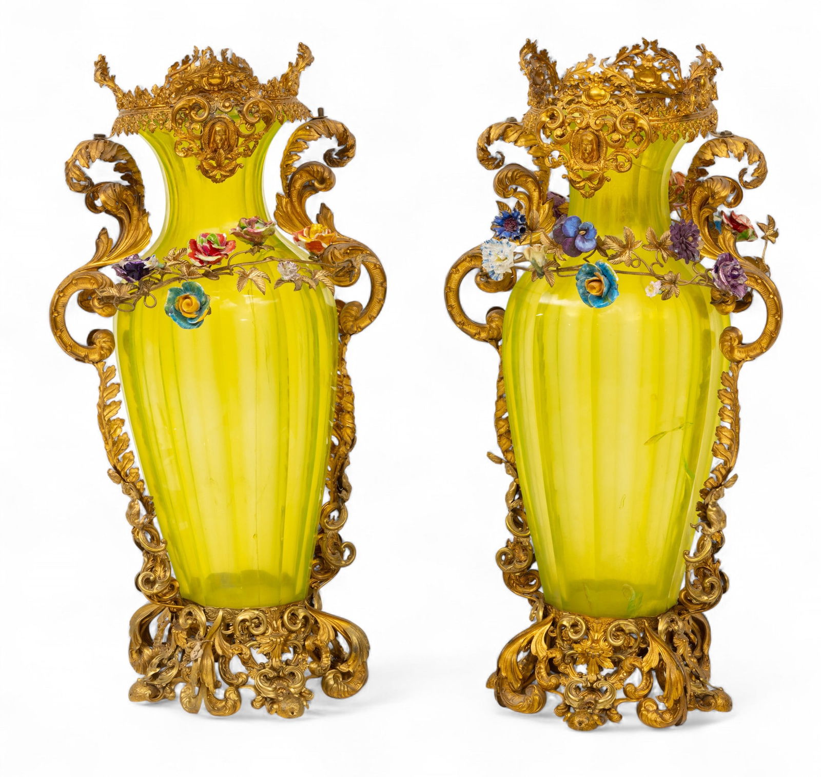 French Rococo Blown Glass and Patinated Metal Garniture Vases, As Is 1950-1960, H 21" W 11" 1 PAIR (1 of 6)