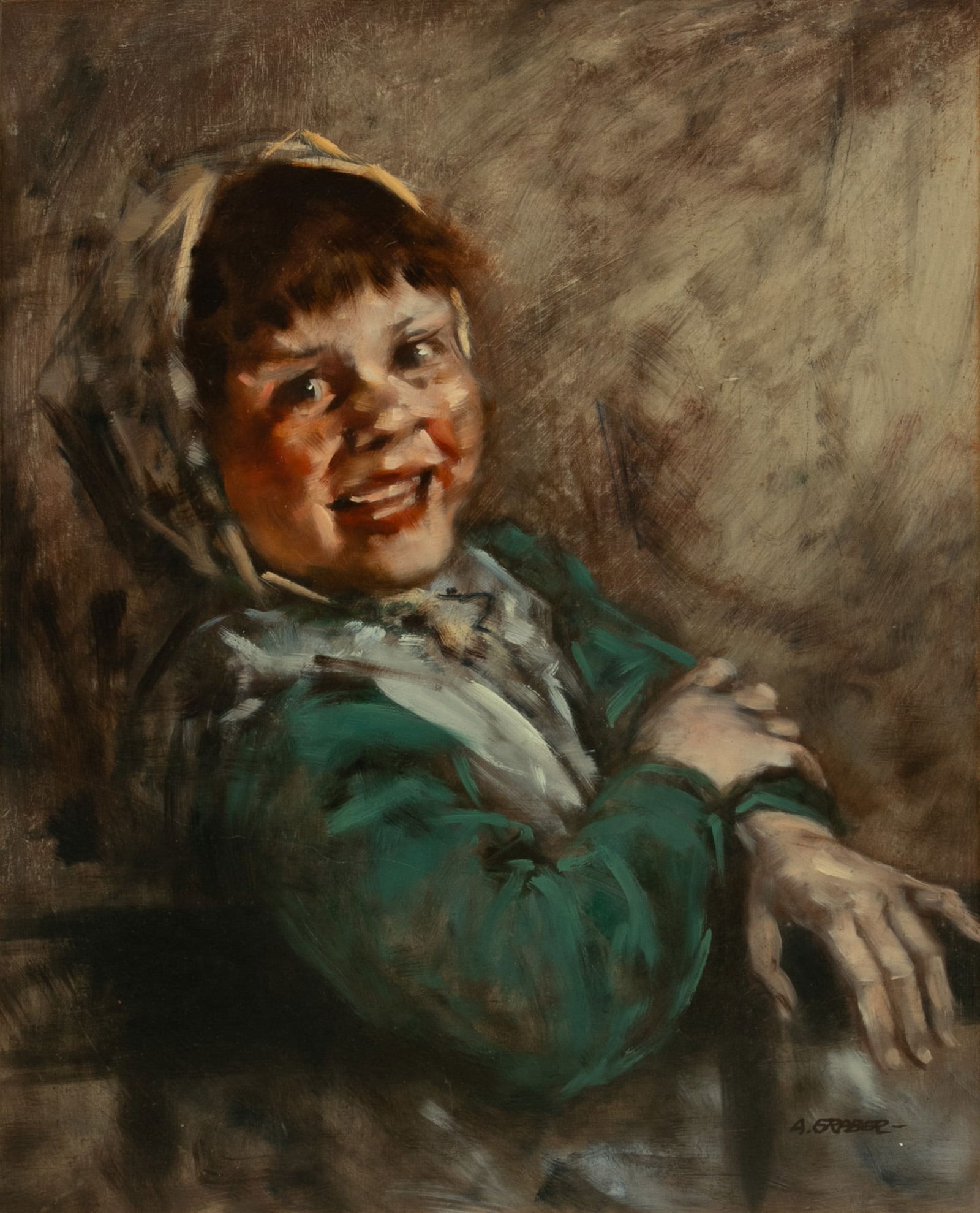 A. Graber, Oil on Academy Board 1960, 'Portrait of Laughing Child', H 24" W 19" Frame Size: H 28" W (1 of 6)