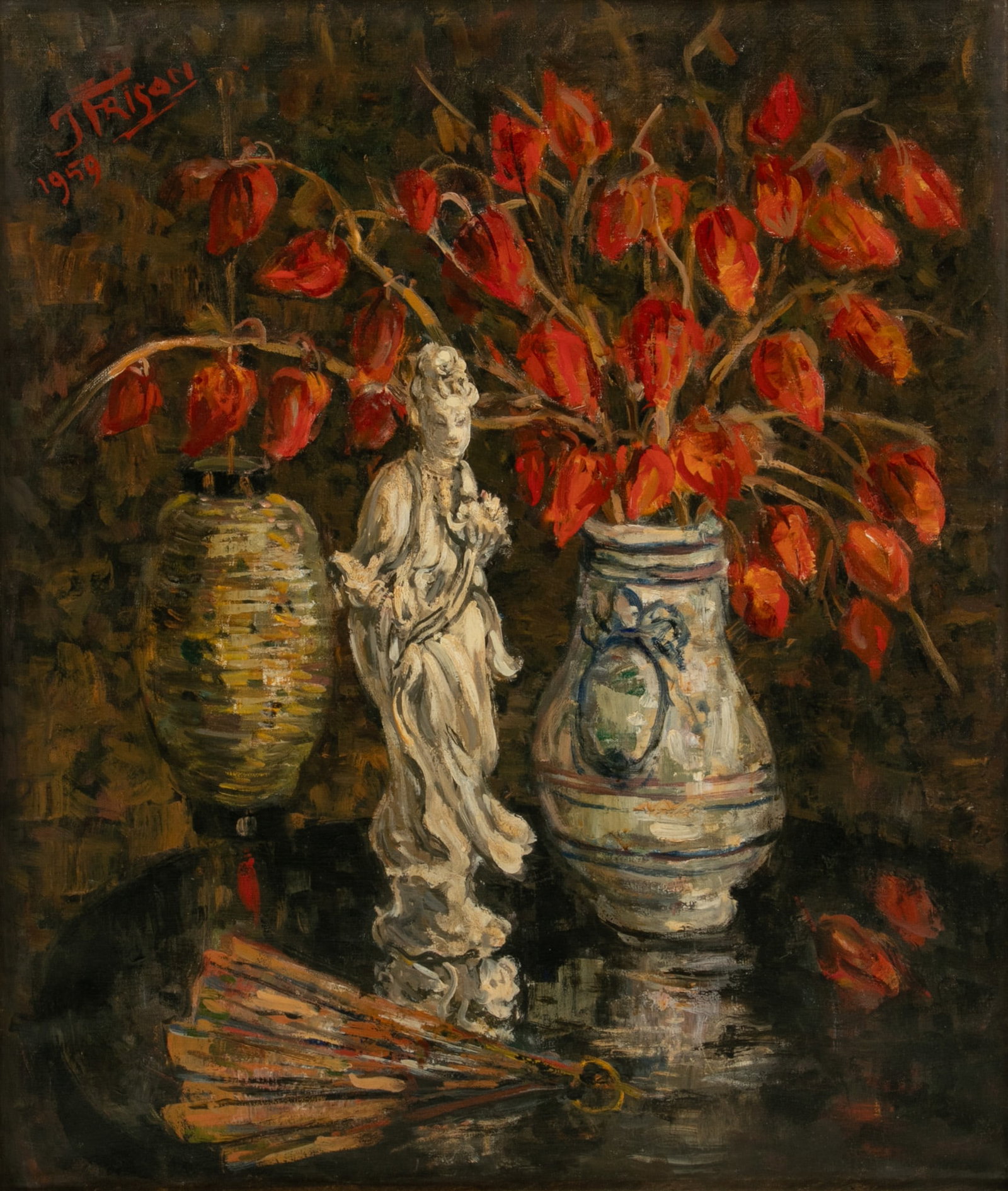 J Frison, Oil on Canvas 1959, 'Still Life of Figurine, Vase with Flowers, Folding Fan', H 24" W 20": J Frison, Oil on Canvas 1959, 'Still Life of Figurine, Vase with Flowers, Folding Fan', H 24" W 20" Frame Size: H 30" W 27" Wood frame with bead liner. Signed upper left. Possibly Jenny Frison.&