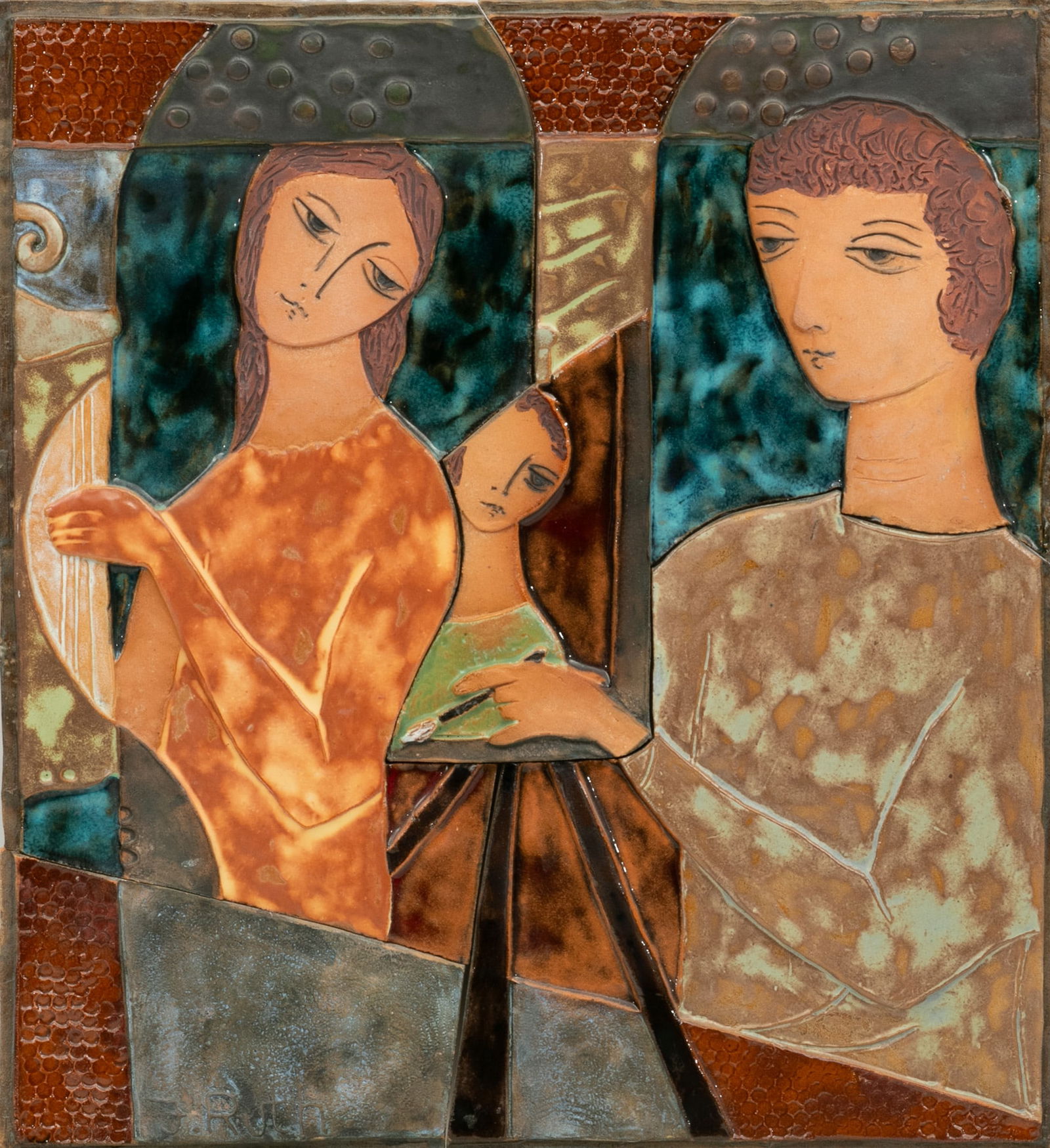 J Ruth, Mixed Media: Glass, Ceramic, Metal 'Artist with Model and Painting', H 18" W 17" Frame Size: (1 of 5)