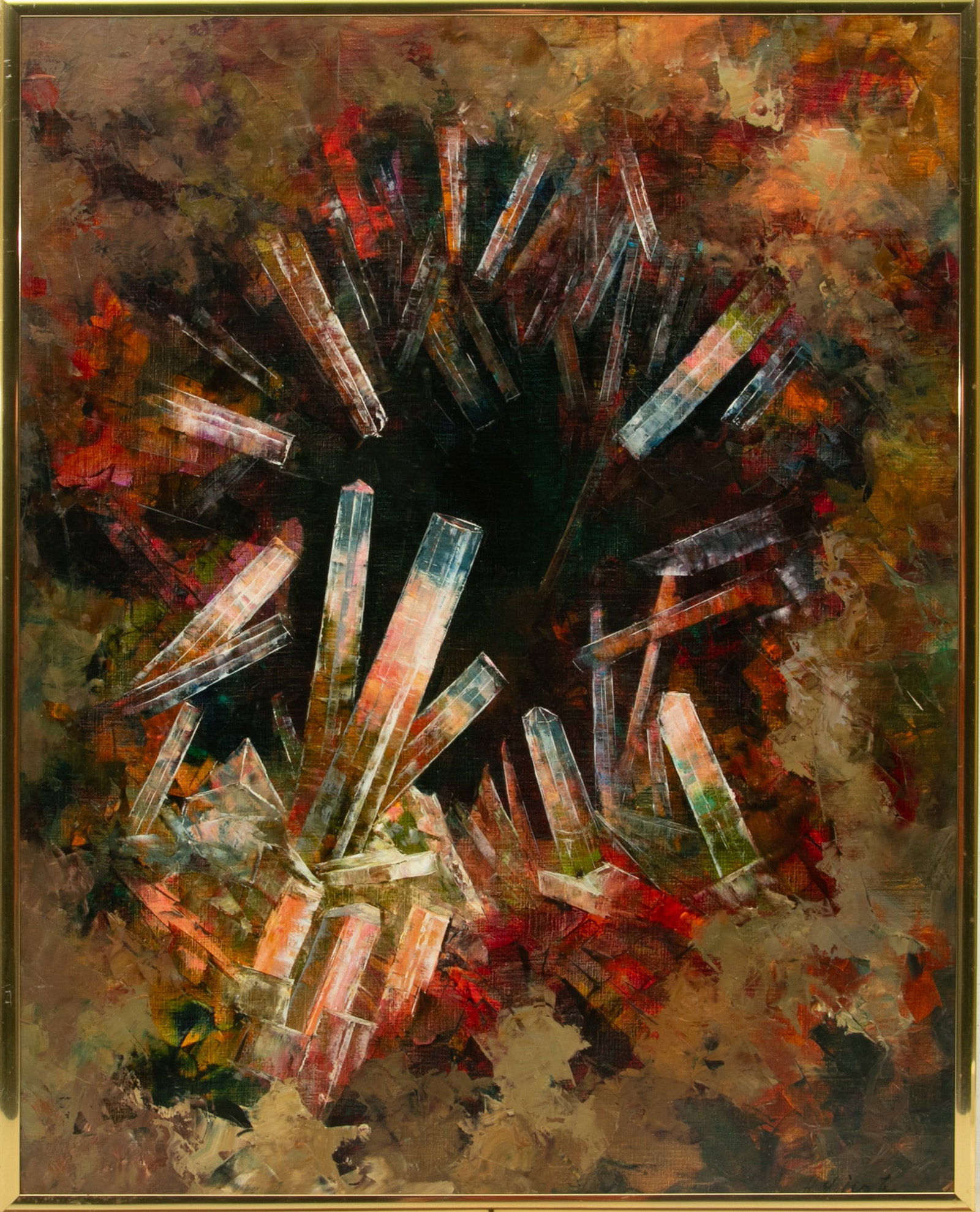 H. Viestes Oil on Canvas 1950, 'Abstract, Multi Color', H 36" W 29" Frame Size: H 40" W 31": H. Viestes Oil on Canvas 1950, 'Abstract, Multi Color', H 36" W 29" Frame Size: H 40" W 31" Signed. Gilt metal frame 40" x 31". Dimensions: H 36" W 29" Frame Size: H 40" W 31"