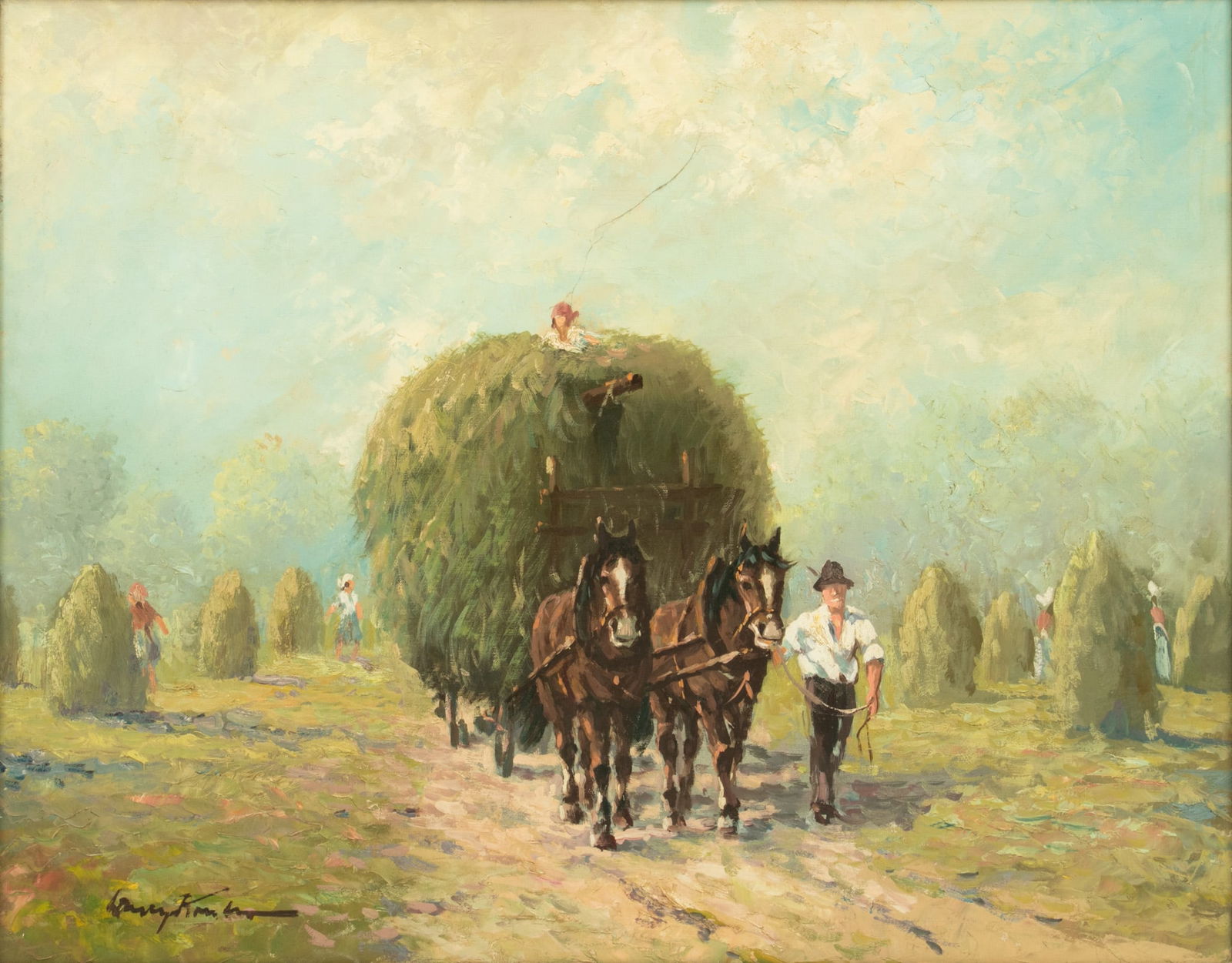 Signed (German School) Oil on Canvas 1960, 'Farmer and Haywagon', H 23" W 31" Frame Size: H 27" W: Signed (German School) Oil on Canvas 1960, 'Farmer and Haywagon', H 23" W 31" Frame Size: H 27" W 35" Signed. Stamped Josef Mensing on verso, referring to Mensing Gallery, Hamm, Germany. Perhaps signe
