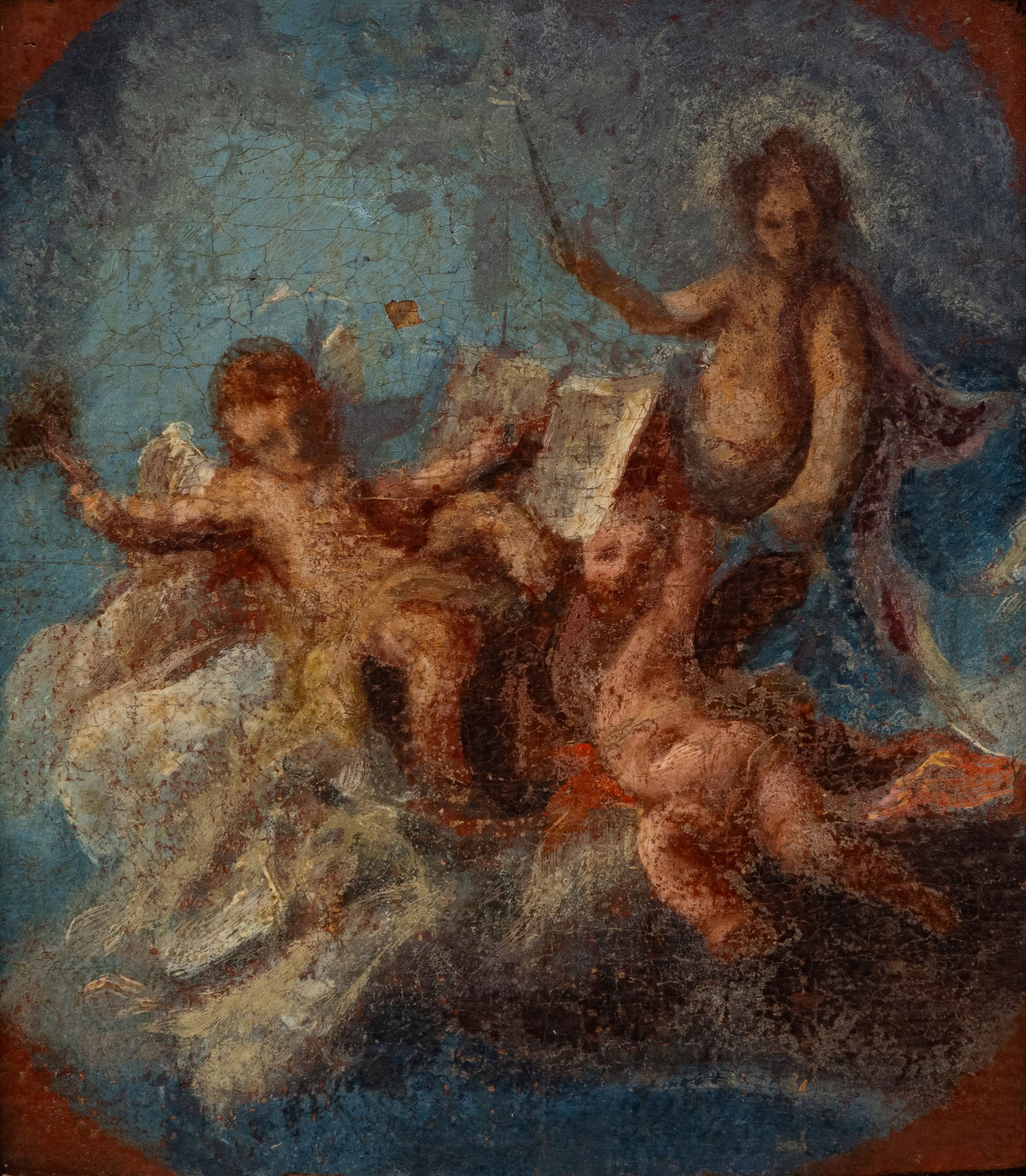 Italian Oil on Canvas, Ca. 18th C., 'Allegory of Music', H 7" W 6.5" Frame Size: H 13" W 12" (1 of 3)