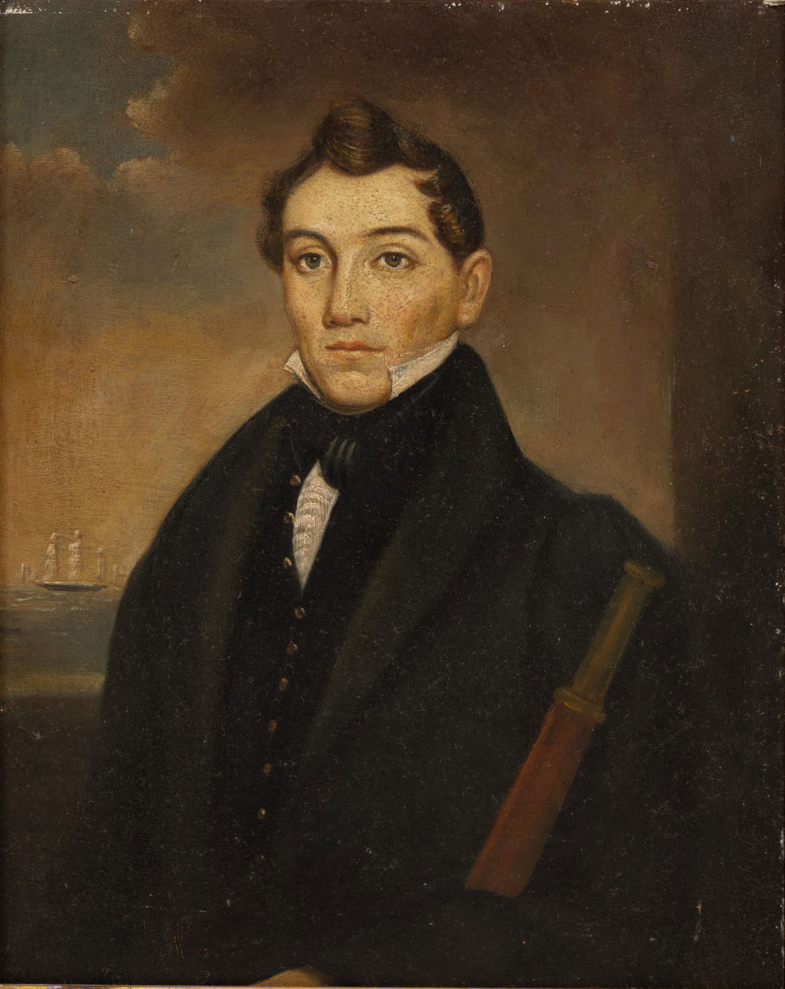 English Oil on Artist Board, Ca. Mid 19th C., 'Portrait of a Sea Captain', H 10.75" W 8.875" Frame: English Oil on Artist Board, Ca. Mid 19th C., 'Portrait of a Sea Captain', H 10.75" W 8.875" Frame Size: H 14" W 12" Unsigned. Half length portrait of a sea captain wear a high collar shirt and a dark