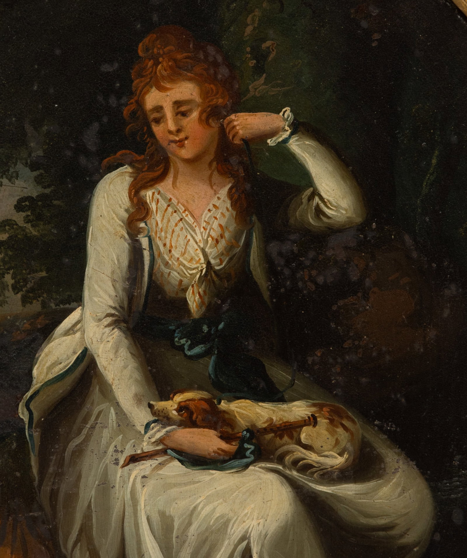 English Oil on Tin Panel, 19th C., 'Portrait of a Lady with Her Dog', H 9.125" W 7" Frame Size: H: English Oil on Tin Panel, 19th C., 'Portrait of a Lady with Her Dog', H 9.125" W 7" Frame Size: H 13.125" W 11.125" Unsigned. Oil on oval tin panel. Full length portrait of a woman seated next to a ri