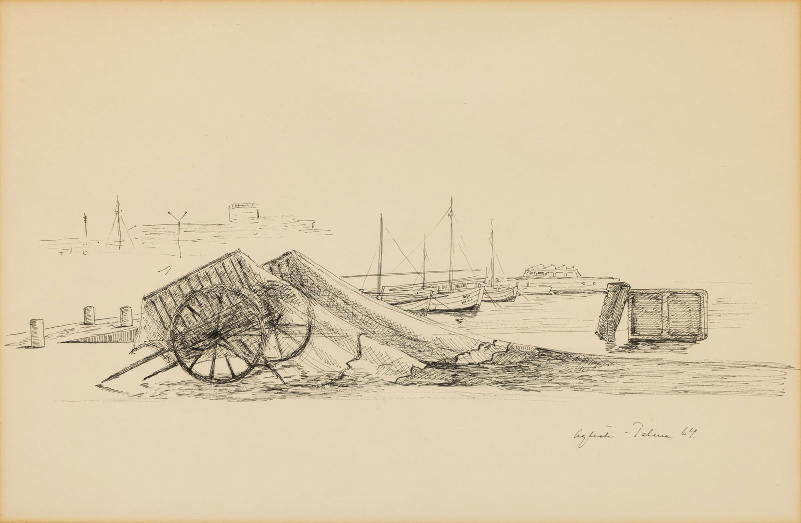 Ink Sketch on Paper, 1964, 'Fishing Nets Drying at the Dock', H 11.75" W 17.75" Frame Size: H 16.5" (1 of 4)