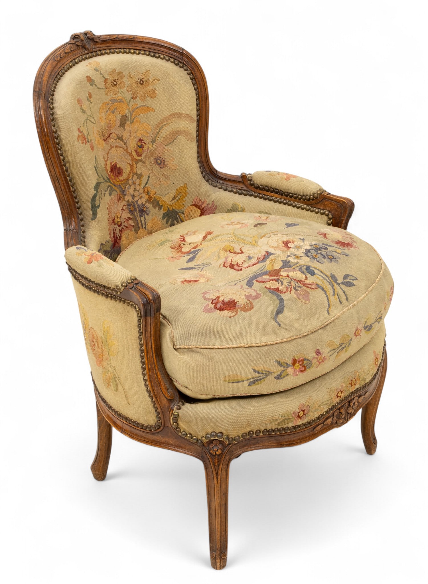 Louis XV Style Carved Walnut Bergère Arm Chair with Tapestry Upholstery, Ca. 1940, H 33.5" W (1 of 5)