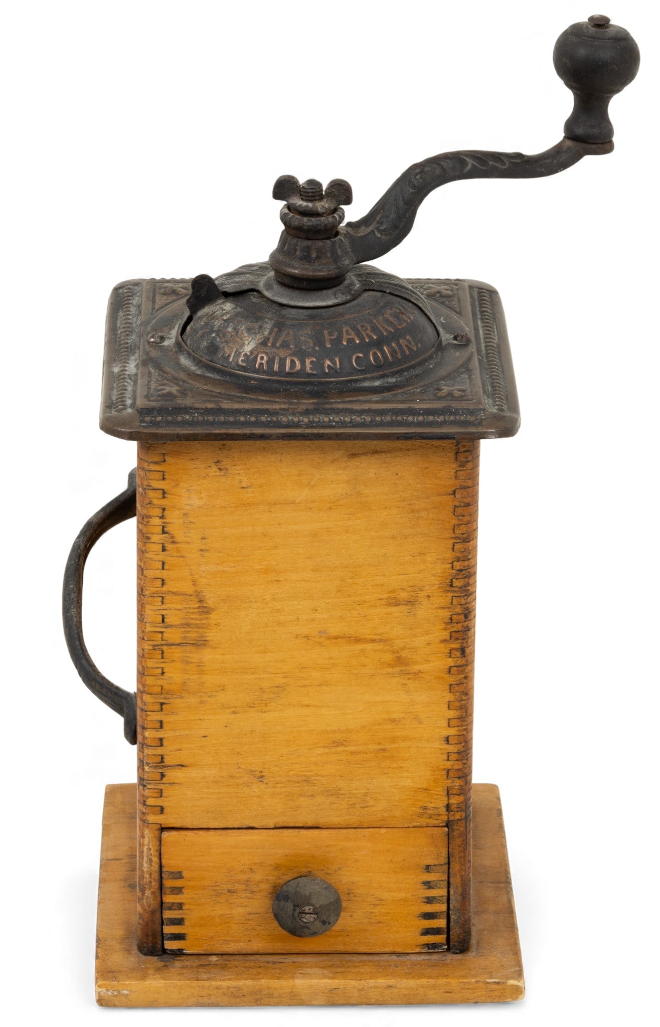 Charles Parker (Meriden, Conn.) Pine and Iron Coffee Grinder 1900, H 12" W 8" (1 of 5)
