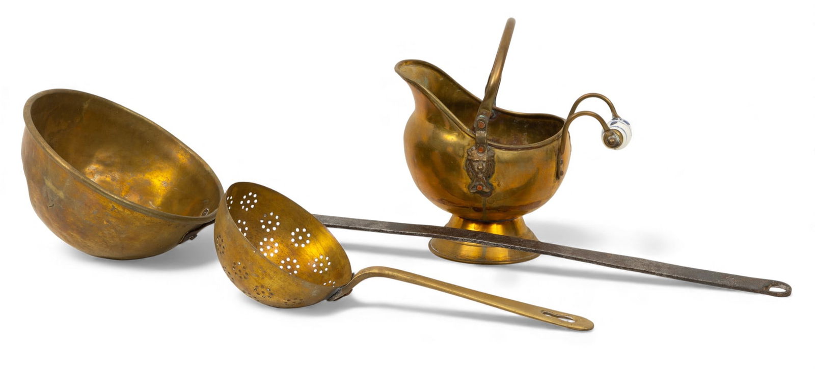 Brass Primitive Dipper 16", Strainer Ladle 12", Planter: Brass Primitive Dipper 16", Strainer Ladle 12", Planter American antique Brass dipper and ladle are antique and probably more for atmosphere than useability. Brass Dutch planter is circa 1950 and 8".&