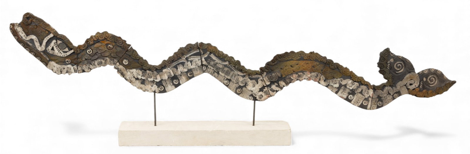 Jody DeLind (American / Michigan) Mixed Media Raku Dragon 2 PCS: Jody DeLind (American / Michigan) Mixed Media Raku Dragon 2 PCS Signed by the artist, undulating, mixed media Raku dragon artwork mounted to wood, having impressed letter designs as well as abstract s