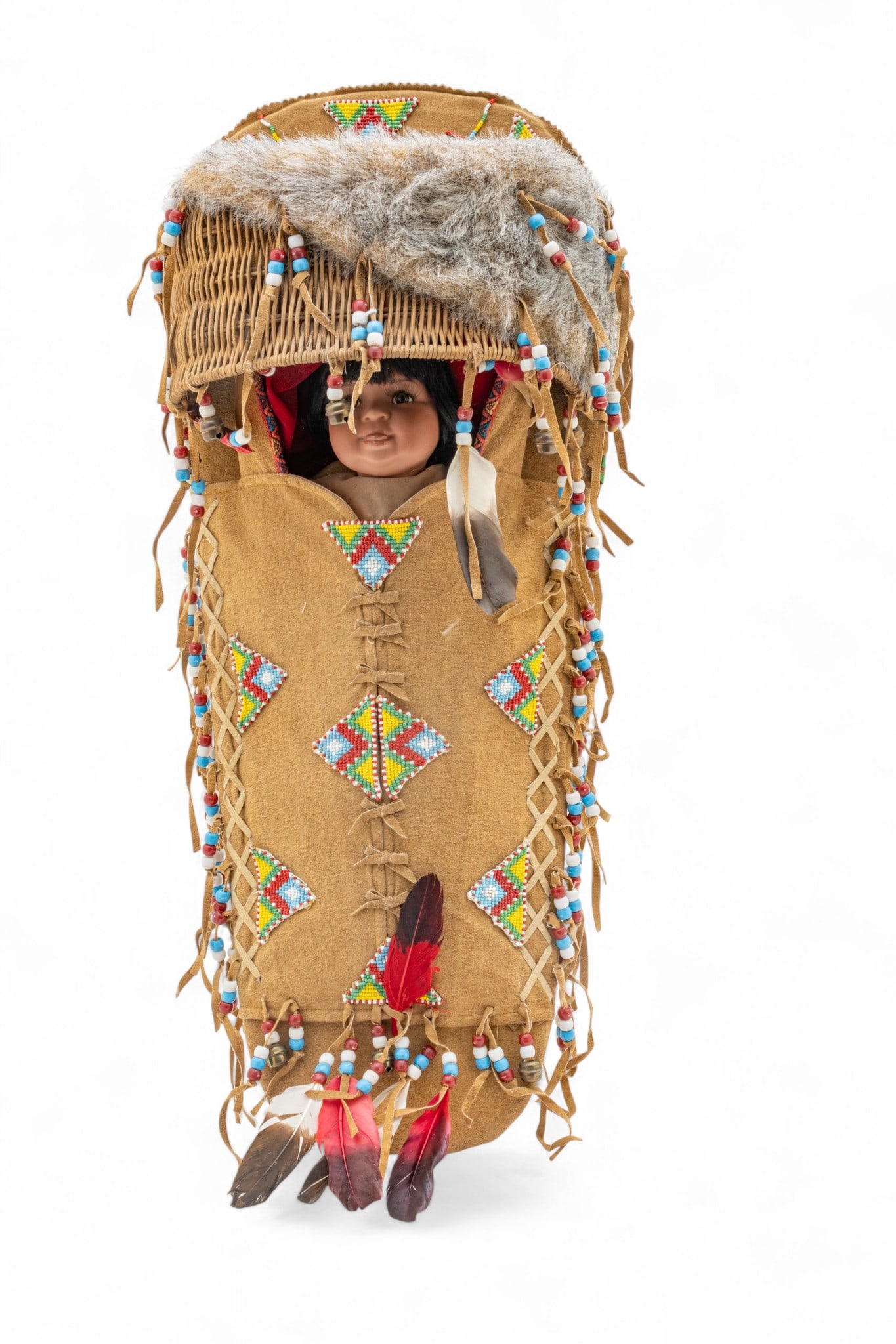 Timeless Collections Native American Papoose Doll in Beadwork, Basket and "Fur" Carrier 1990 (1 of 6)