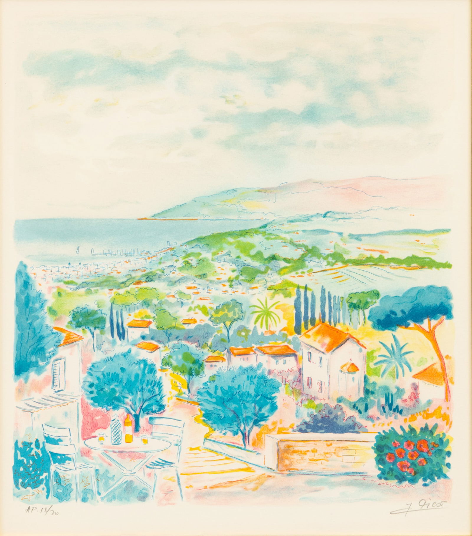 Jean Claude Picot (French, 1933-2020) Lithograph on Wove Paper 20th C., 'South of France', SN: AP: Jean Claude Picot (French, 1933-2020) Lithograph on Wove Paper 20th C., 'South of France', SN: AP 18/20, H 17" W 15.25" Frame Size: H 30" W 27" The full sheet in custom gold tone frame. Professionally