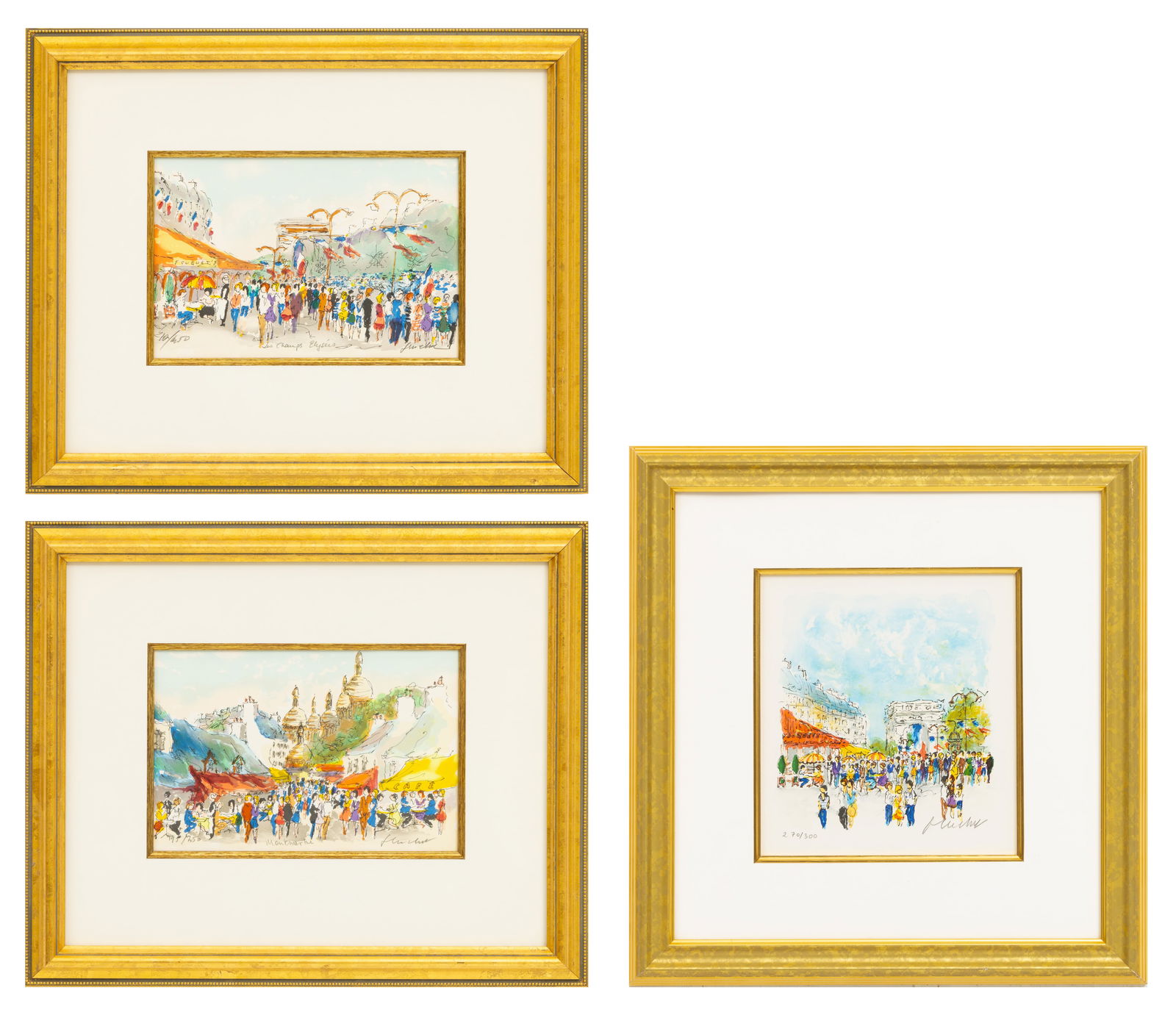 Urbain Huchet (French, 1930-2014) Lithographs on Wove Paper 'Scenes of Paris', 3 PCS: Urbain Huchet (French, 1930-2014) Lithographs on Wove Paper 'Scenes of Paris', 3 PCS Arc de Triomphe, 10.25" X 9.5", Frame: 20" x 19", #270/300; Montmartre 7" X 10.75", Frame: 17" X 20", #195/25