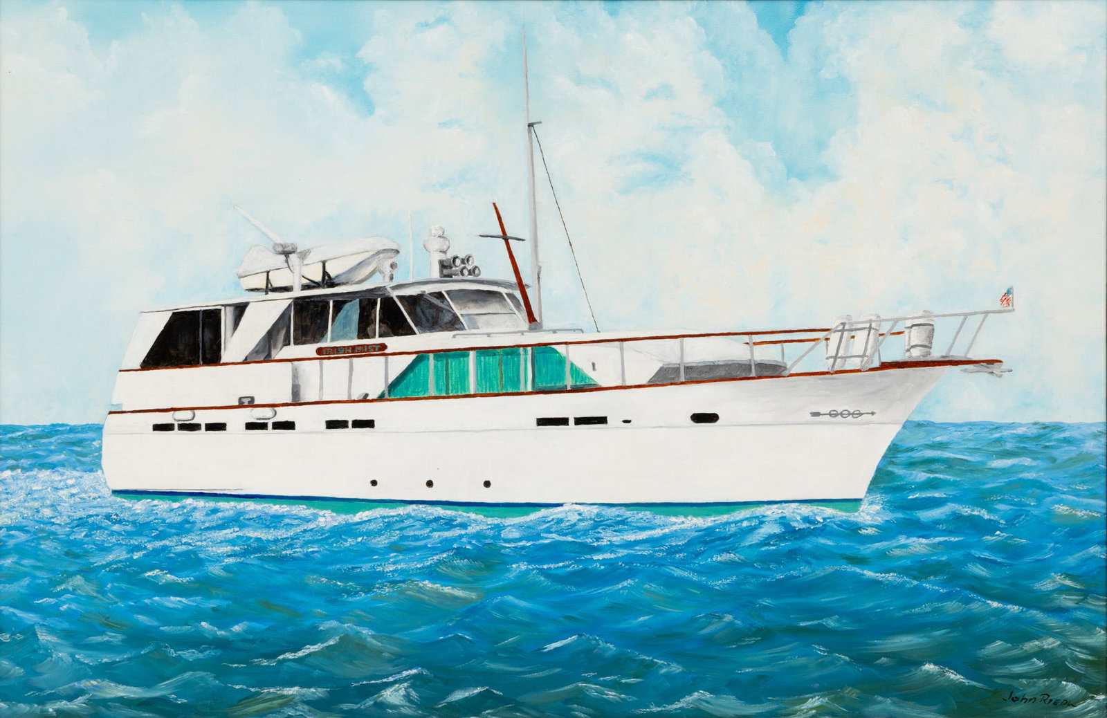 Bearing Signature John Riedl Oil on Canvas '1968 Cris Craft Constellation', H 24" W 36" Frame Size:: Bearing Signature John Riedl Oil on Canvas '1968 Cris Craft Constellation', H 24" W 36" Frame Size: H 31" W 43" Signed lower right. Framed. Provenance: Property of a Northville, Mi private collector. 