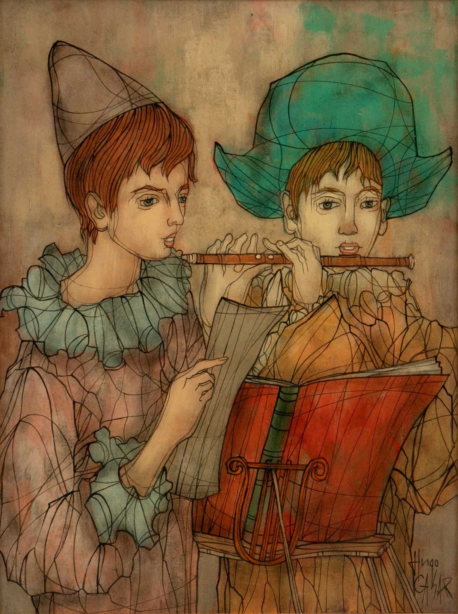 Hugo Casar (Polish, 1911-1975) Oil on Canvas 1960, 'Flute Player', H 16" W 12" Frame Size: H 22.5" W (1 of 5)