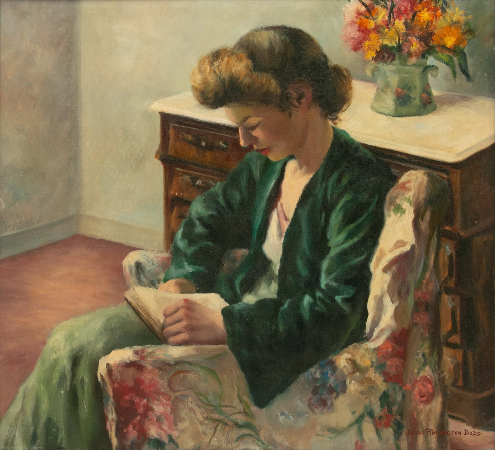 Louise Richardson Dodd (American) Oil on Canvas Woman Reading H 24" W 27" Frame Size: H 30" W 33": Louise Richardson Dodd (American) Oil on Canvas Woman Reading H 24" W 27" Frame Size: H 30" W 33" Signed lower right. Features a woman reading in a floral upholstered chair. Provenance: Property from 