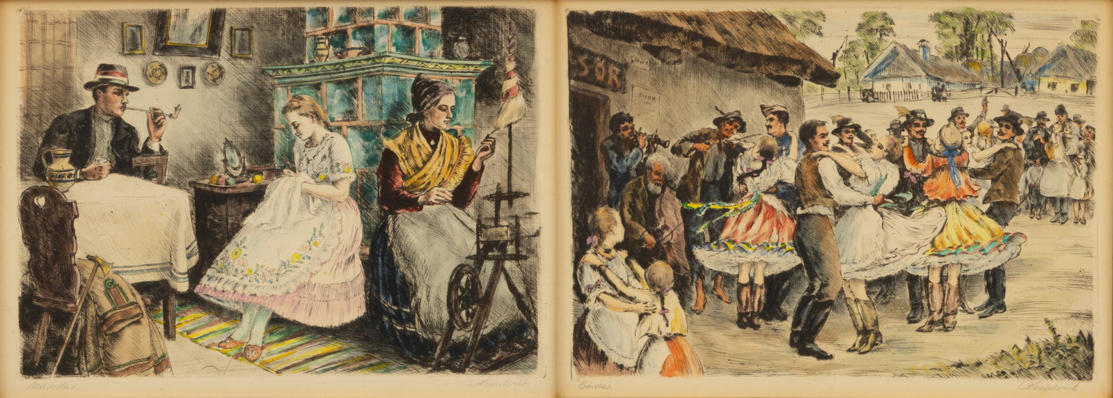 Paul Pavlovits, Etchings 'Romanian Dance and Interior Scene', H 10" W 14" Frame Size: H 22" W 26" 1: Paul Pavlovits, Etchings 'Romanian Dance and Interior Scene', H 10" W 14" Frame Size: H 22" W 26" 1 PAIR Nicely framed. Tw0 etchings on paper, pencil signed and titled. Second scene shows a suitor smo
