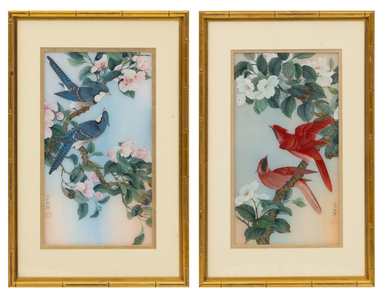 Hong Li Print on Paper 1987, 'Cardinals and Blue Jays', H 17" W 9" Frame Size: H 25" W 17" 1 PAIR: Hong Li Print on Paper 1987, 'Cardinals and Blue Jays', H 17" W 9" Frame Size: H 25" W 17" 1 PAIR Both works signed with seals. Blue jays on dogwood and cardinals. Gilt wood bamboo style frames.