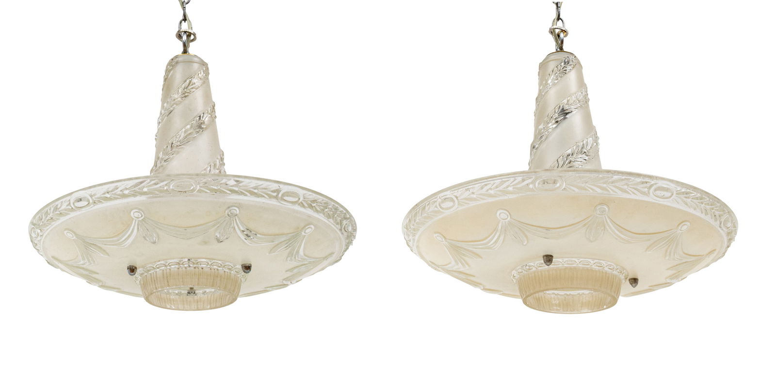 Pair of Vintage Art Deco Style Frosted and Clear Glass Semi-Flush Mount Ceiling Lights 2 PCS: Pair of Vintage Art Deco Style Frosted and Clear Glass Semi-Flush Mount Ceiling Lights 2 PCS A pair of semi-flush mount ceiling lights in clear and frosted glass having leaf and swag designs. Pr
