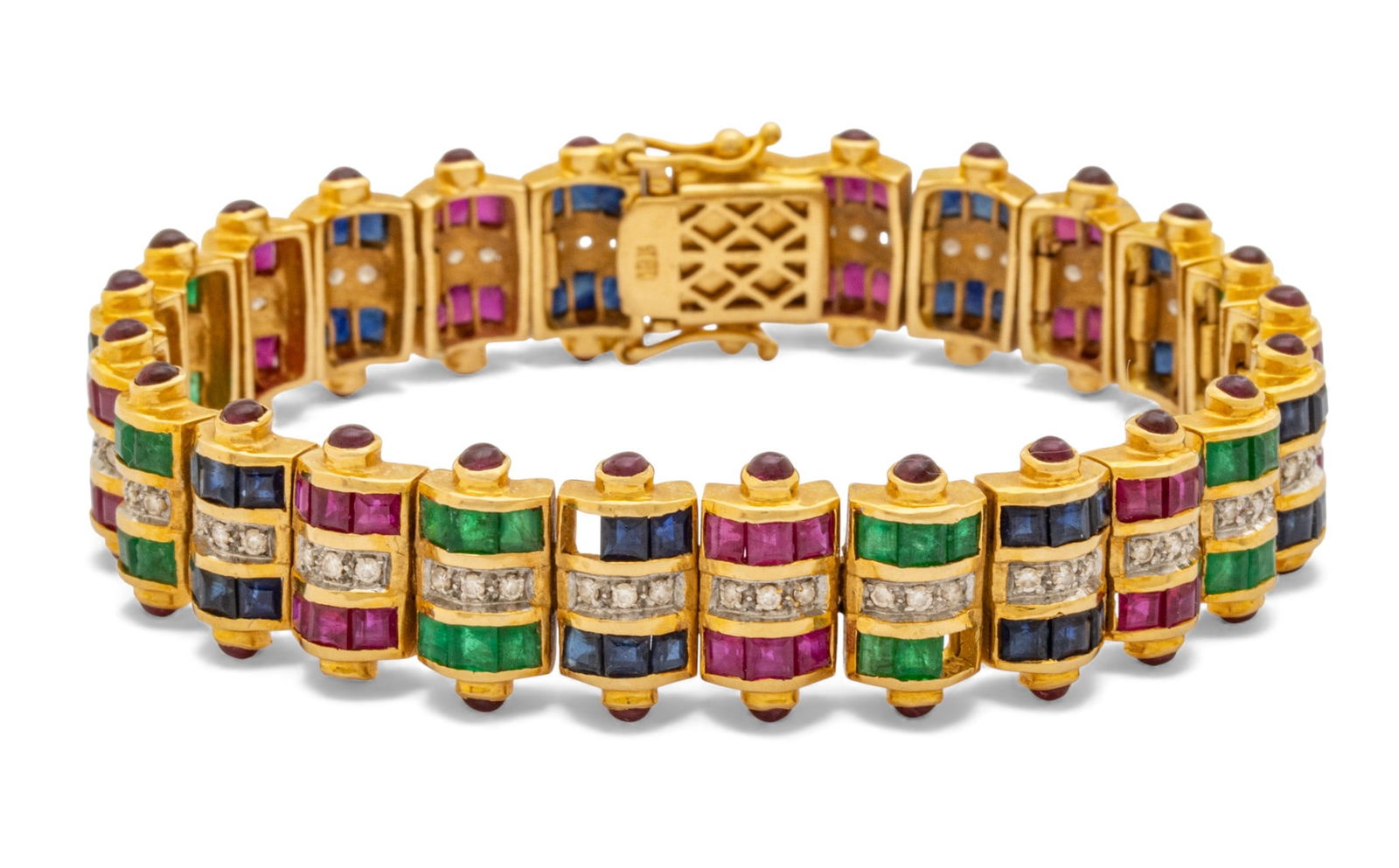 18K Yellow Gold, Ruby, Sapphire, Emerald and Diamond Link Bracelet L 6.5" 35 g (1 of 9)