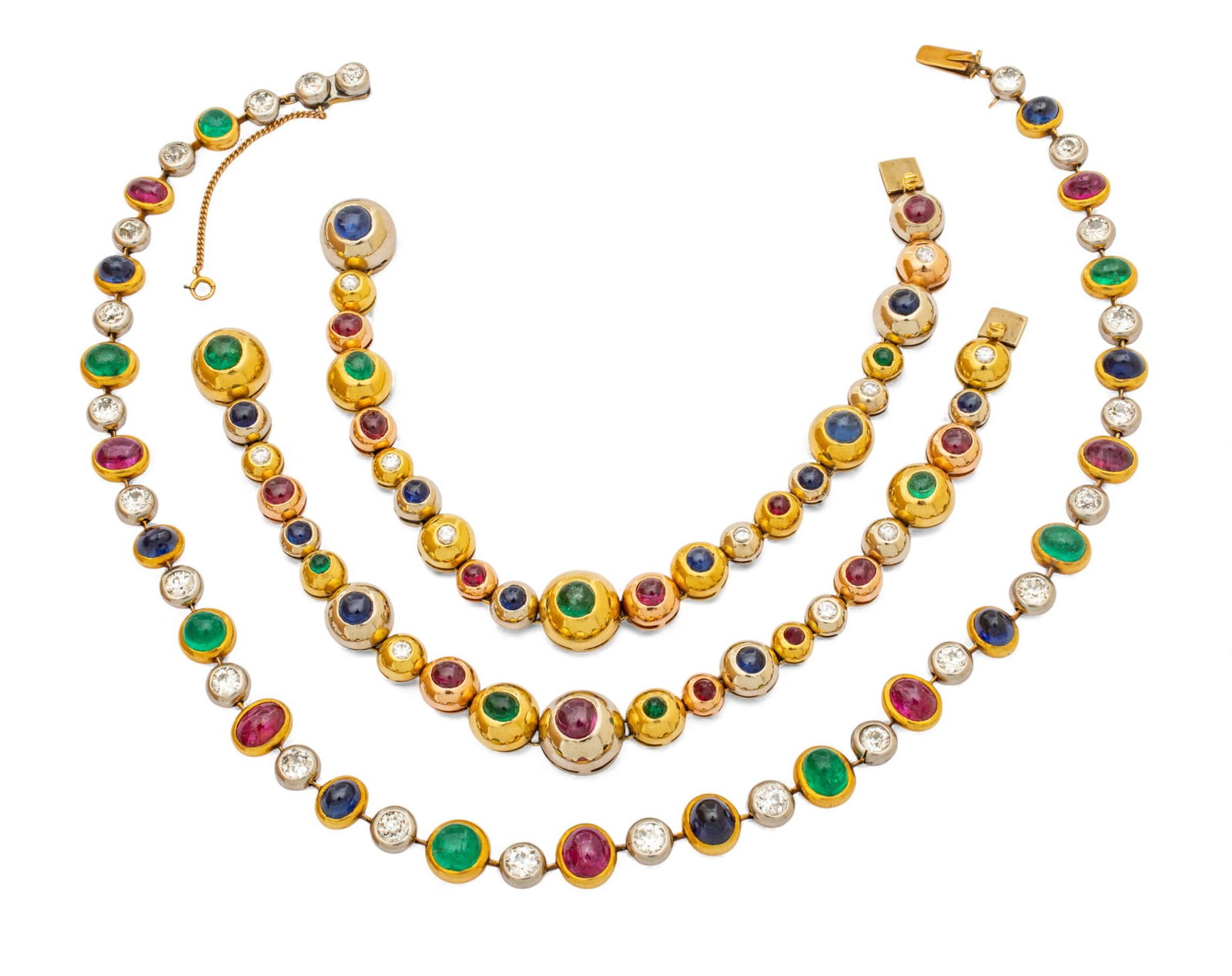 Gold Necklace 15" + Two Extensions to 86": Cabochon Emeralds, Sapphires, Rubies. L 86" 118 g 1 PC (1 of 9)