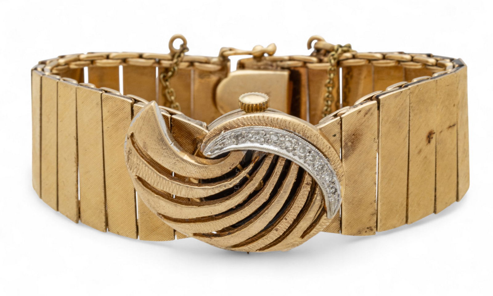 Geneve 14K Yellow Gold Bracelet Watch, Accent Diamonds, Concealed Dial 1960, W 6.5" 39 g 1 PC (1 of 8)