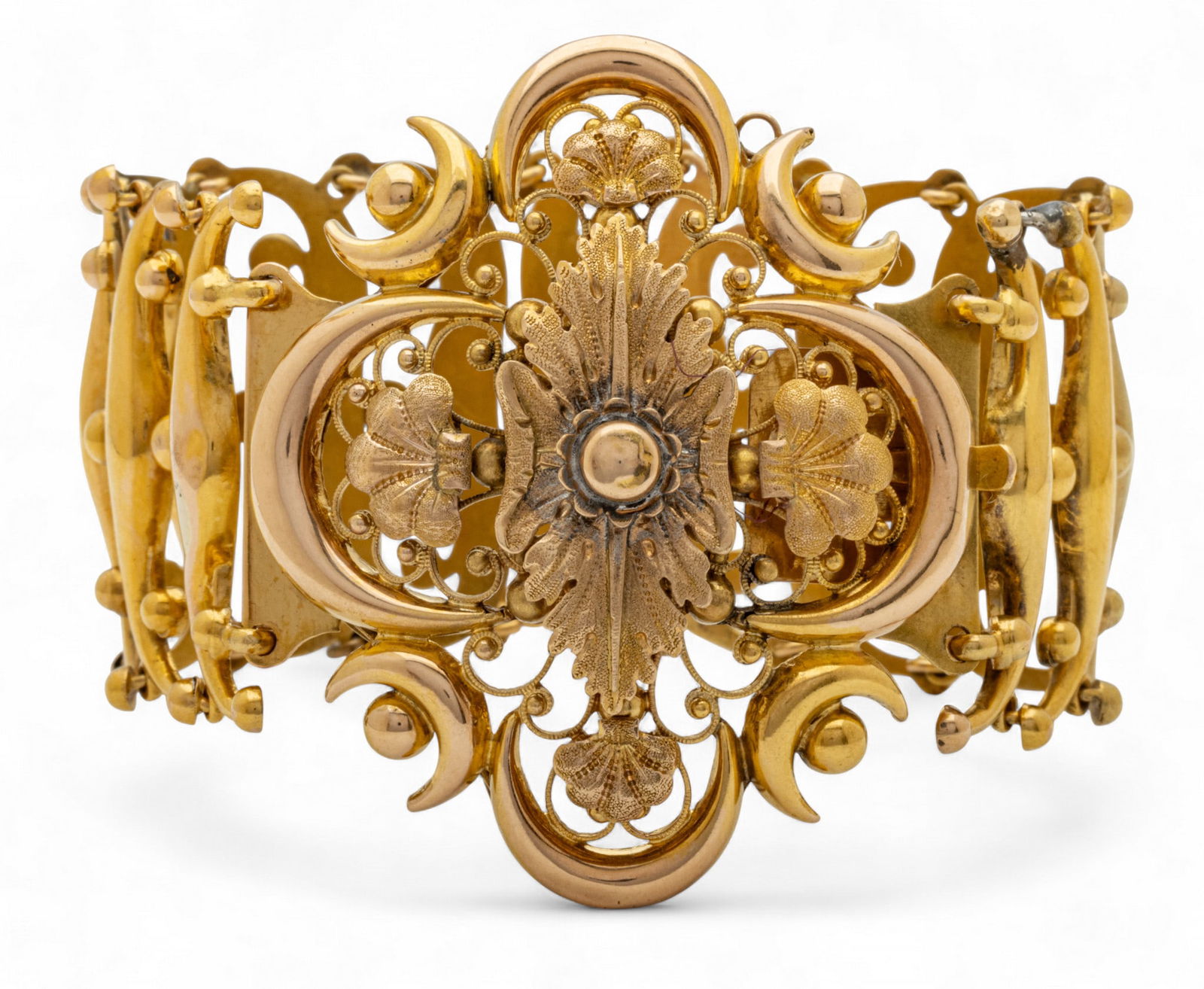 14K Yellow Gold Link Bracelet, Hinged, Filigree 1930, W 1.4" L 6.5" 39 g (1 of 8)