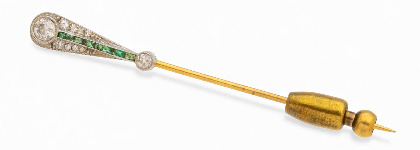 Green Emeralds Enhanced Stickpin with Diamonds 1900, L 2.5" (1 of 5)