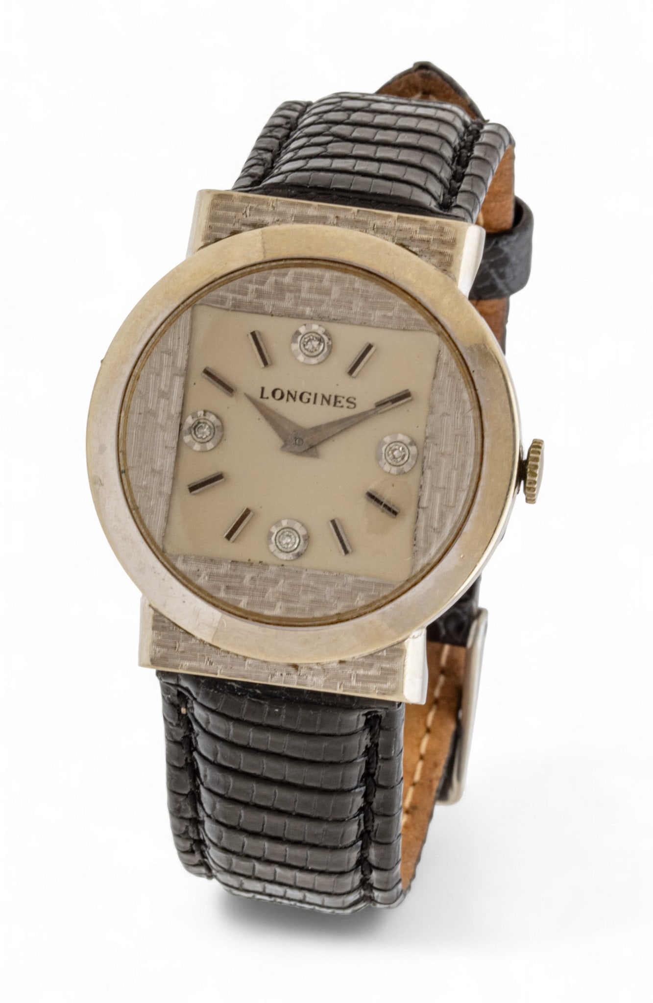 Longines 14K White Gold Man's Wrist Watch, Lizard Strap L 8.7" 1 PC: Longines 14K White Gold Man's Wrist Watch, Lizard Strap L 8.7" 1 PC Impressed 14K and KF. Provenance: Property from a Bloomfield Hills, MI private collector. Dimensions: L 8.7" 1 PC